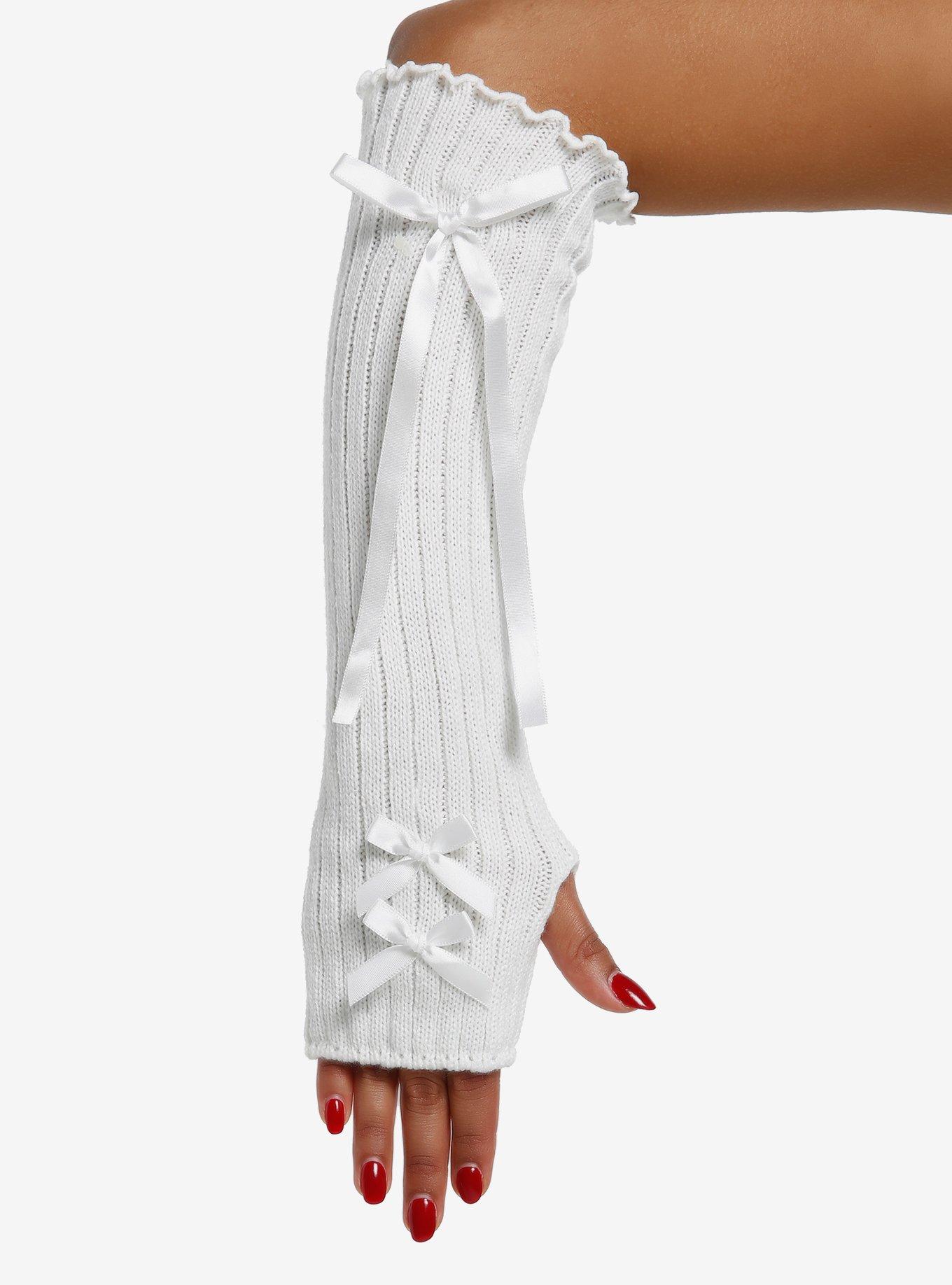 Cream Bow Ribbed Arm Warmers, , hi-res