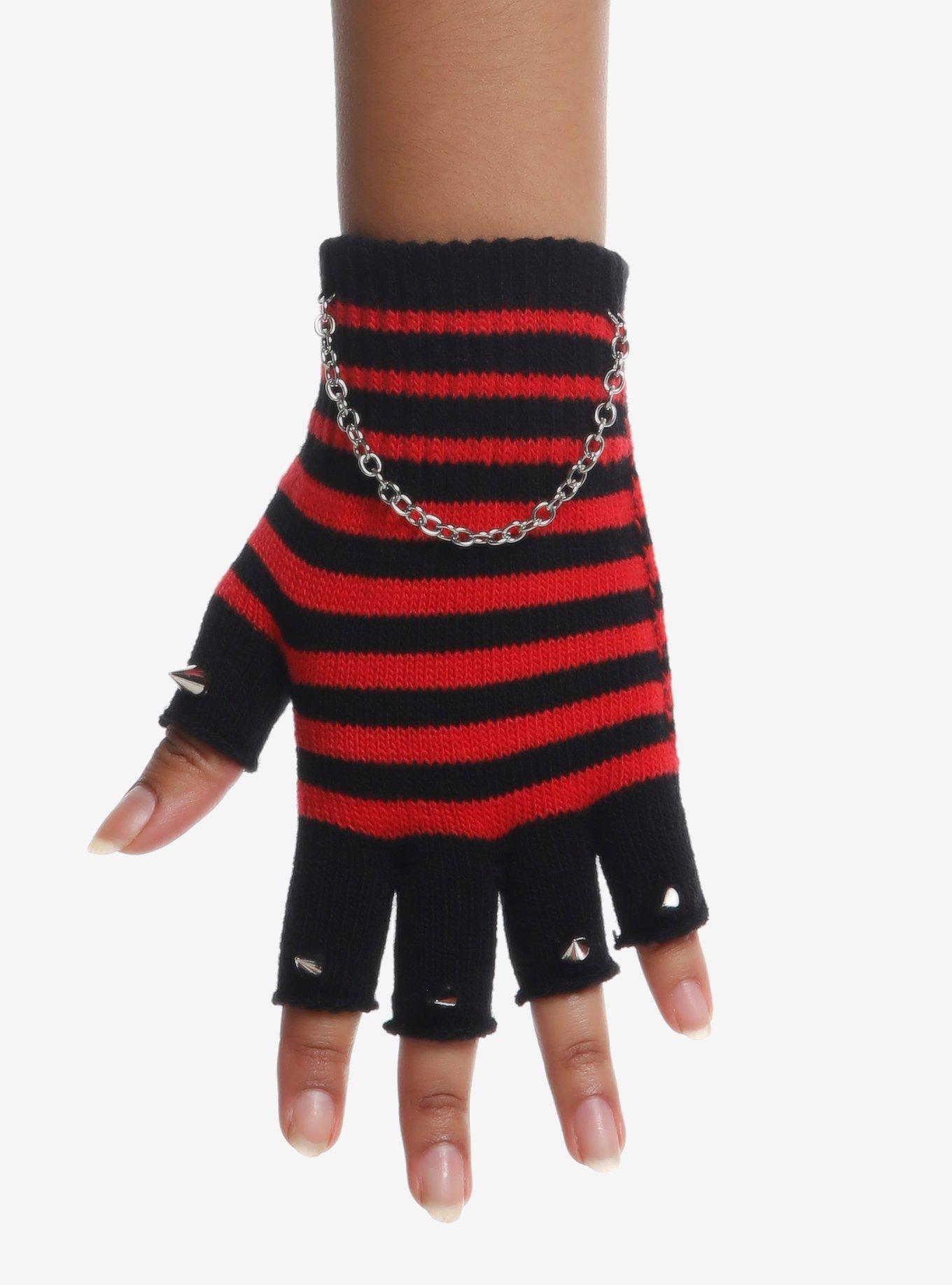 Red & Black Stripe Chain Spike Fingerless Gloves, , hi-res