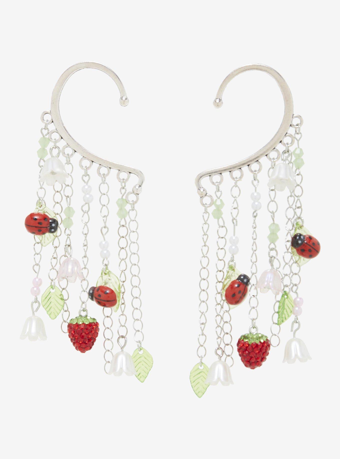 Thorn & Fable Ladybug Strawberry Ear Cuff Set