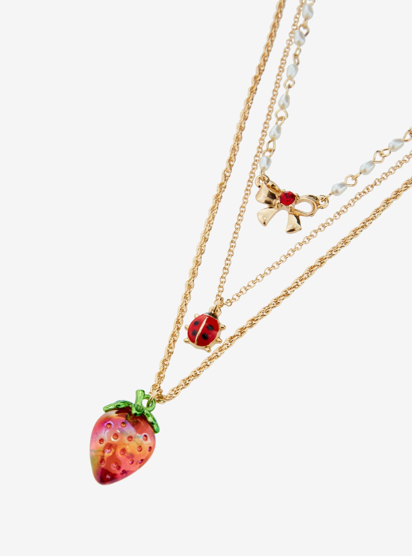 Sweet Society Strawberry Bow Ladybug Necklace Set