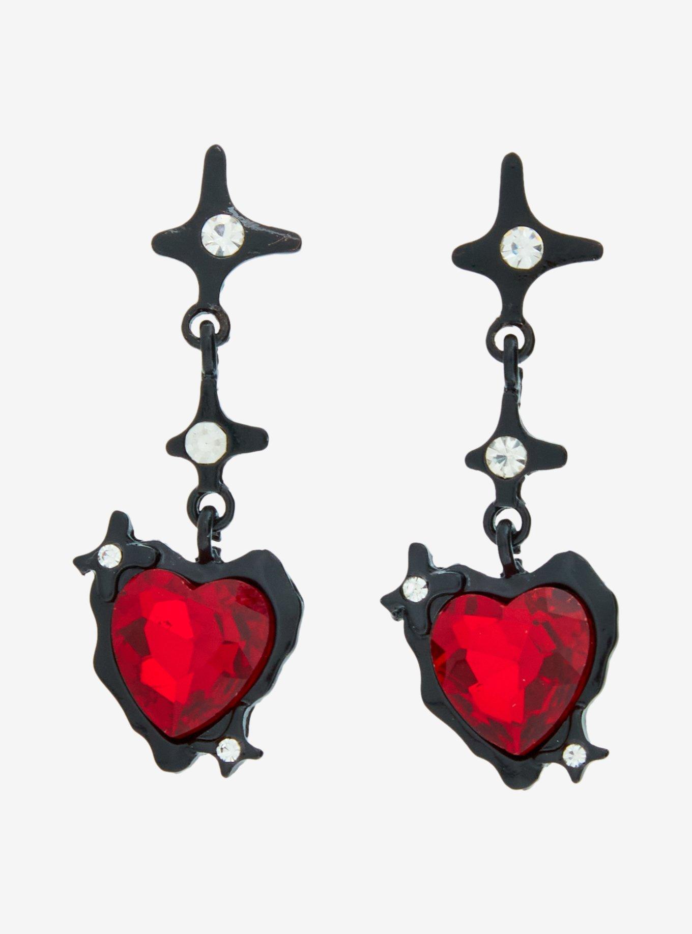 Black & Red Heart Gem Drop Earrings, , hi-res