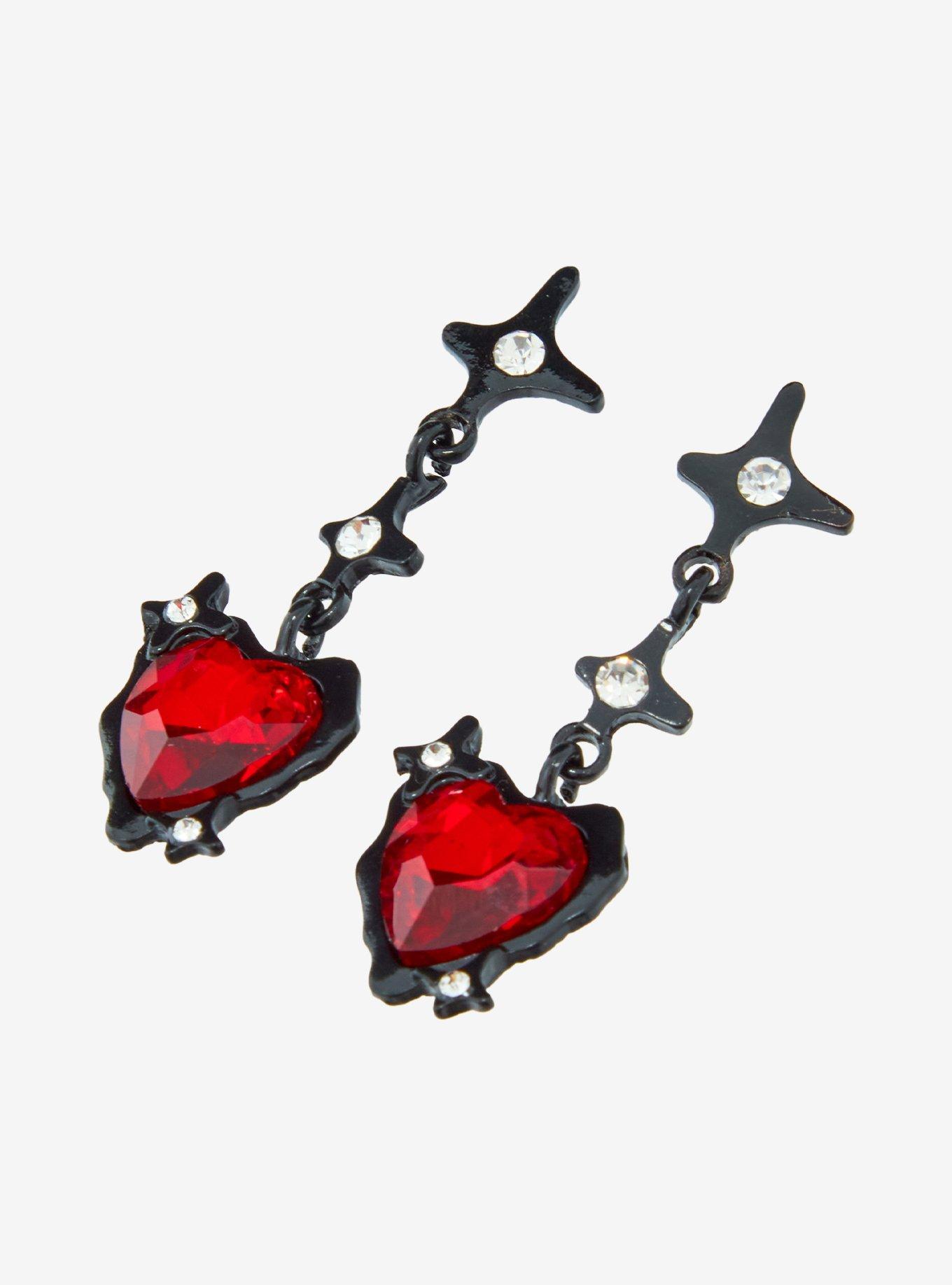Black & Red Heart Gem Drop Earrings, , alternate