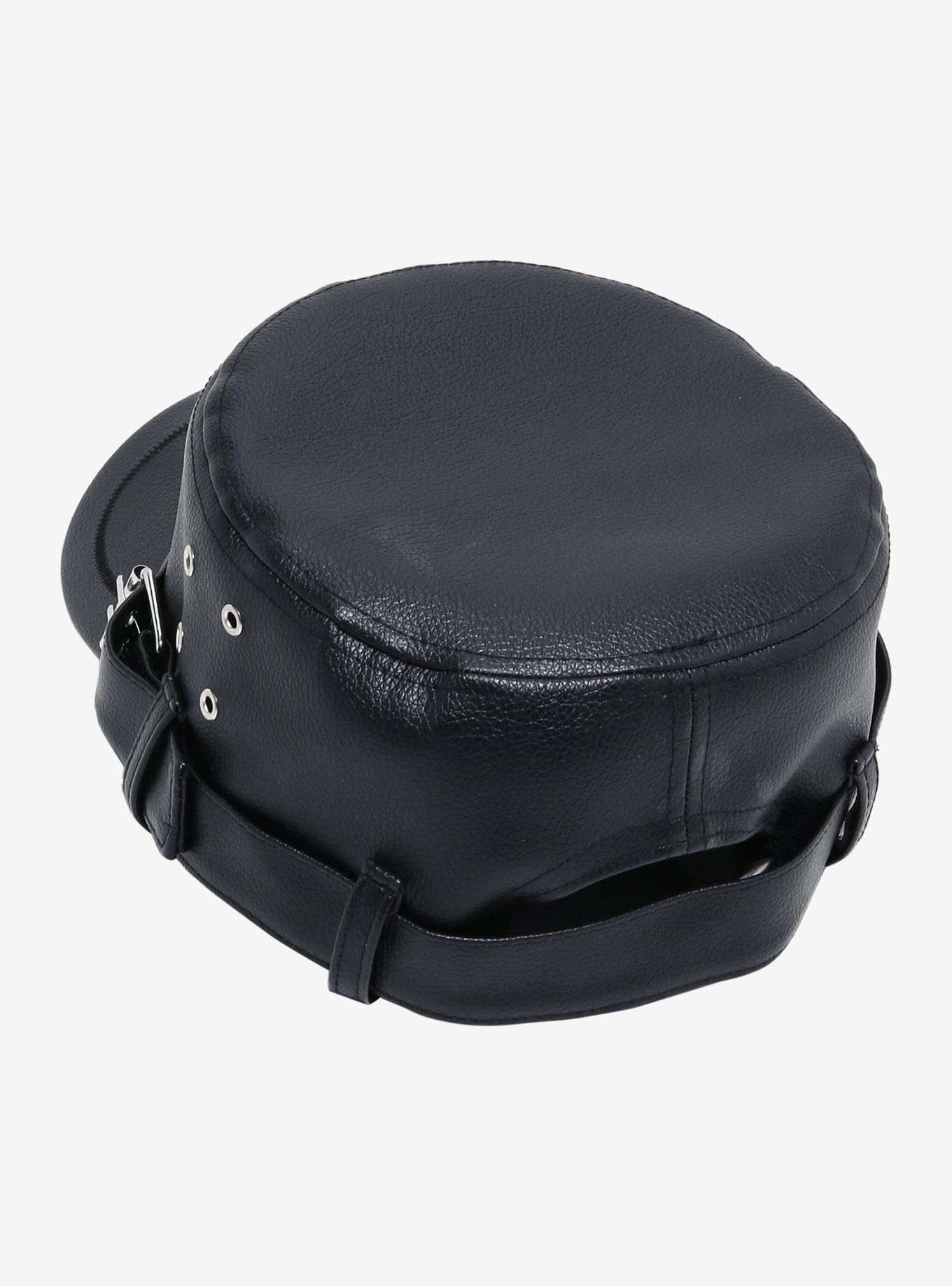 Black Faux Leather Grommet Strap Cadet Hat, , hi-res