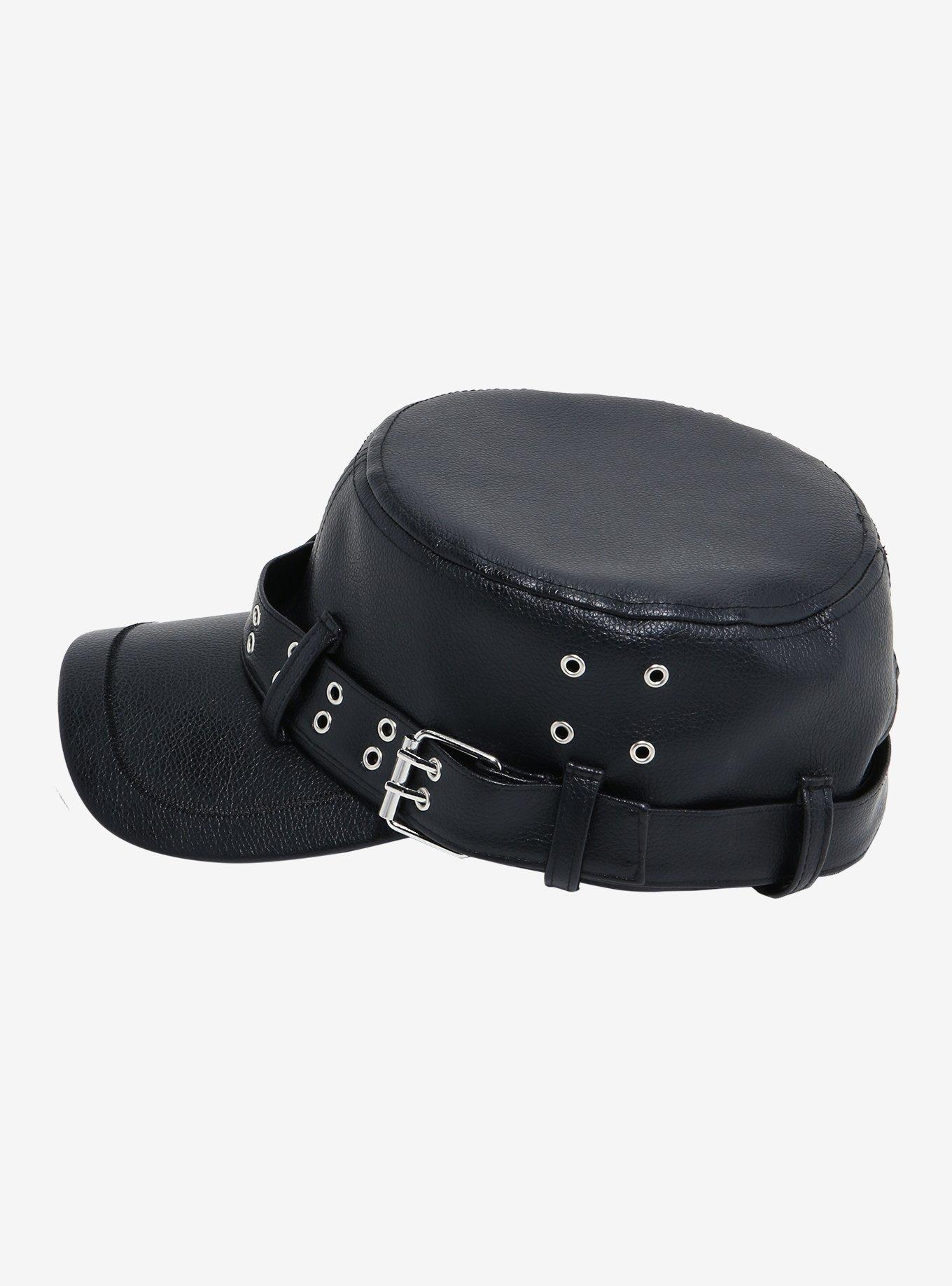 Black Faux Leather Grommet Strap Cadet Hat, , alternate