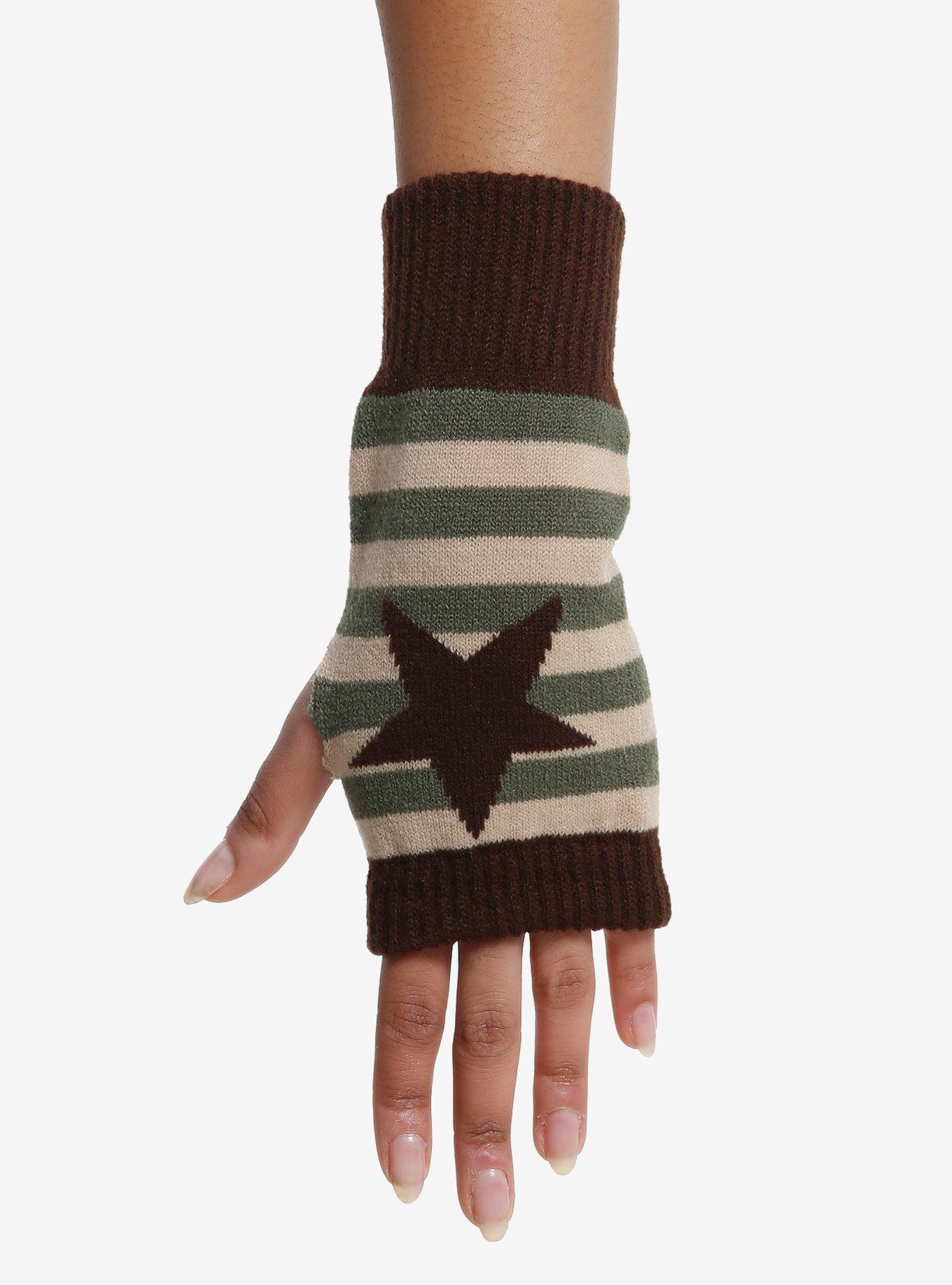 Green Brown Star Stripe Fingerless Gloves, , hi-res