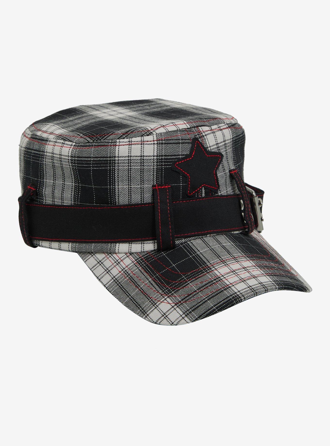 Black Plaid & Red Stitch Star Buckle Cadet Hat, , hi-res