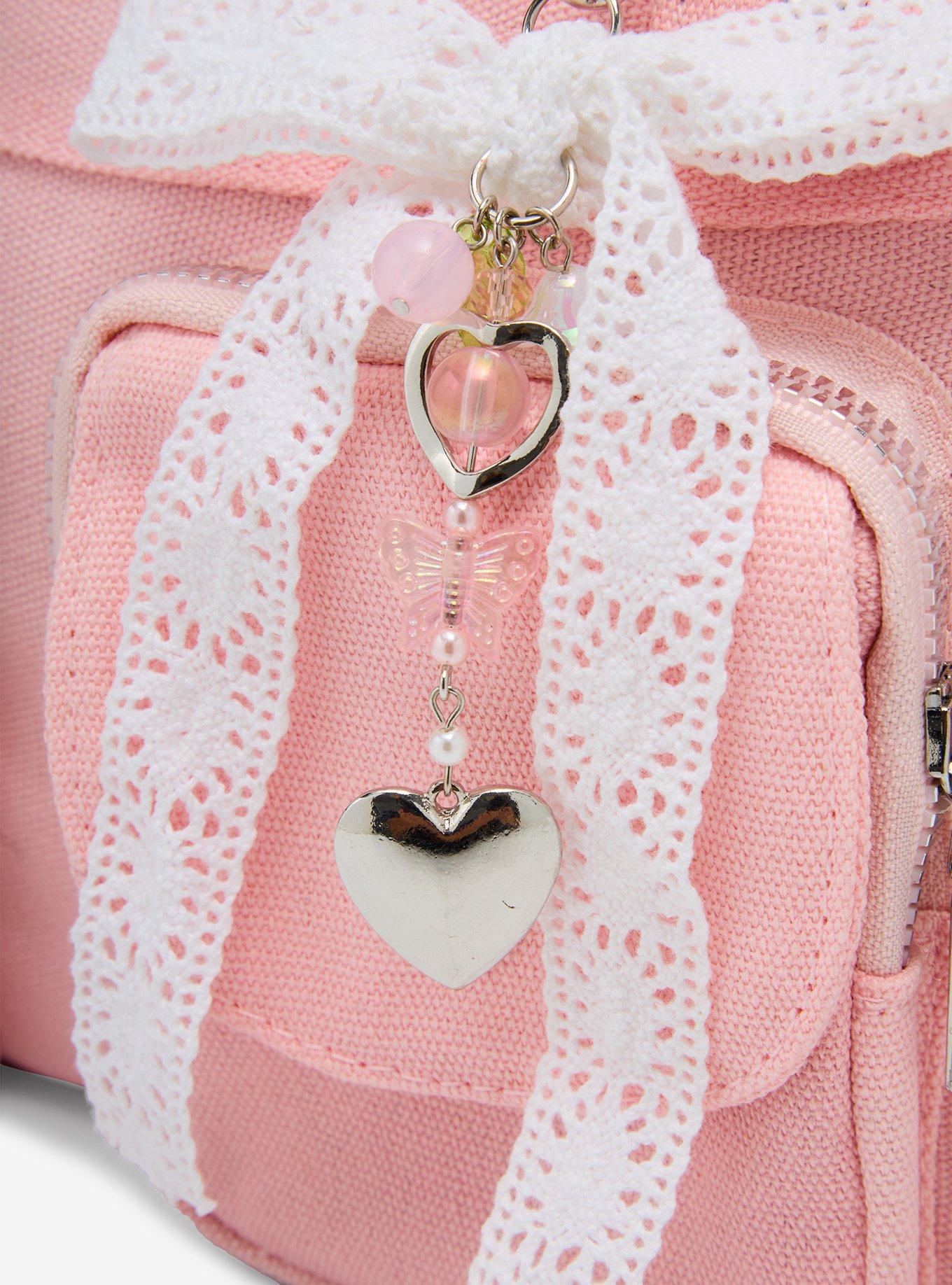 Pink Bow Charm Multi-Pocket Canvas Shoulder Bag, , alternate