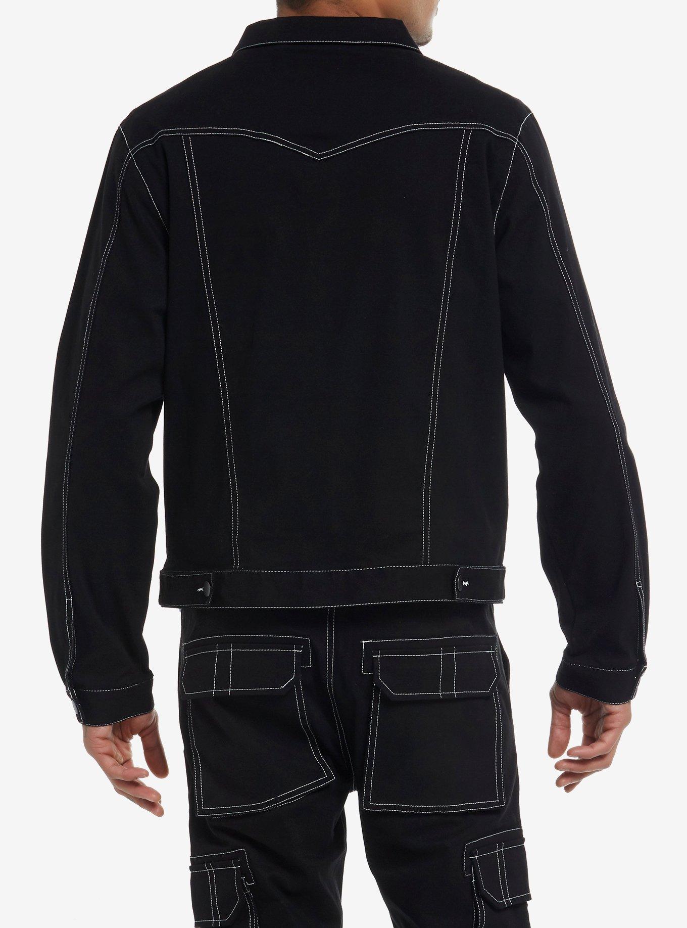 Black & White Contrast Stitch Denim Jacket, , alternate