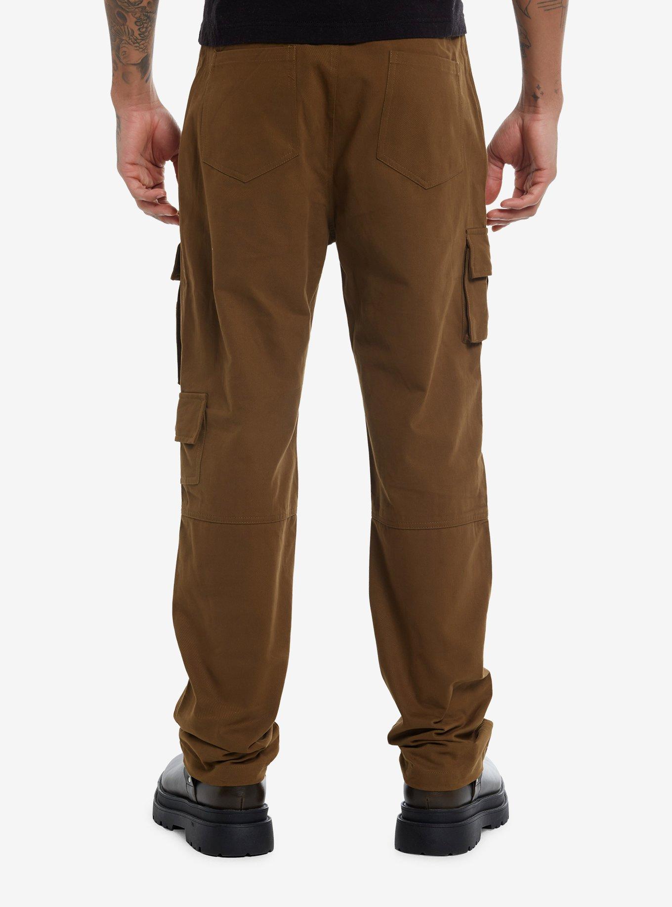 Brown Multi-Pocket Cargo Pants With Belt, GREEN, alternate
