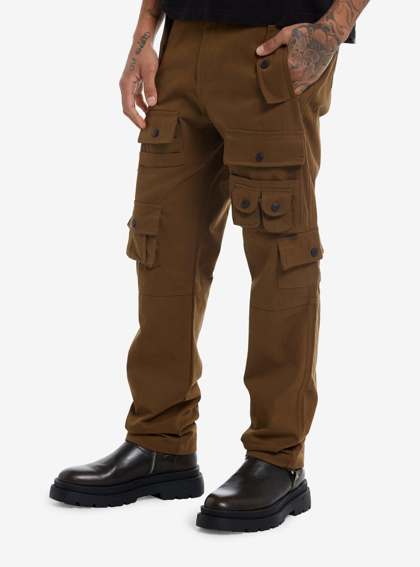 Brown Multi-Pocket Cargo Pants With Belt, GREEN, alternate
