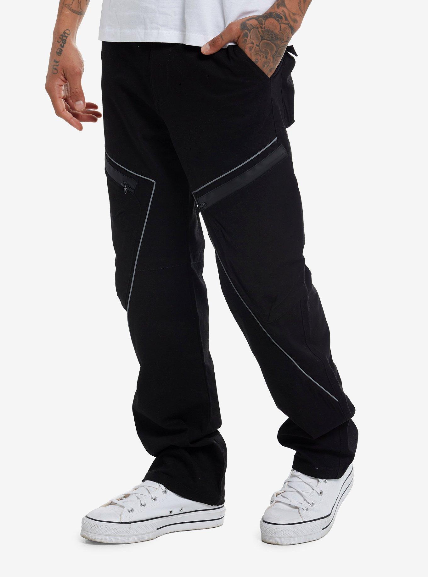 Black Reflective Zipper Pocket Slim Straight Pants, , hi-res