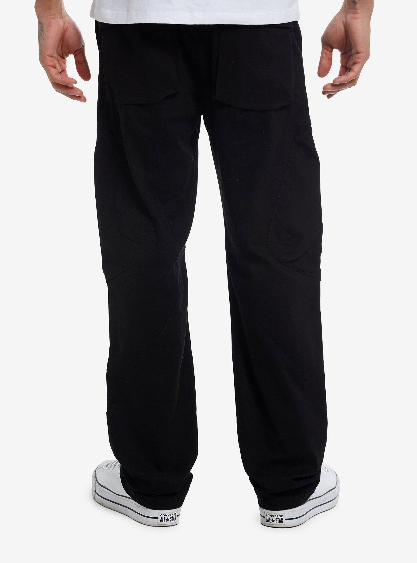 Black Reflective Zipper Pocket Slim Straight Pants, BLACK, alternate