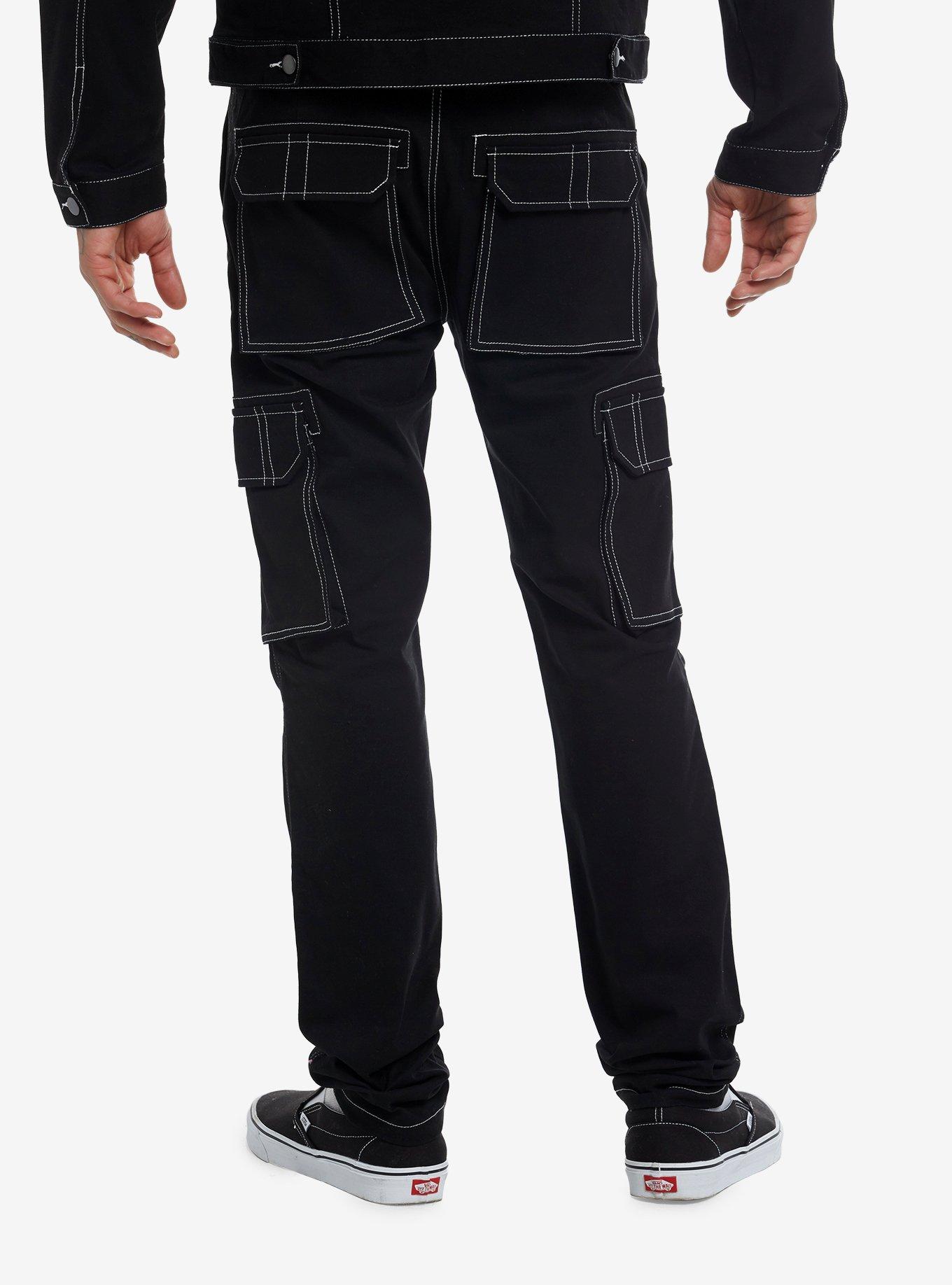 Black & White Contrast Stitch Cargo Pants, BLACK, alternate