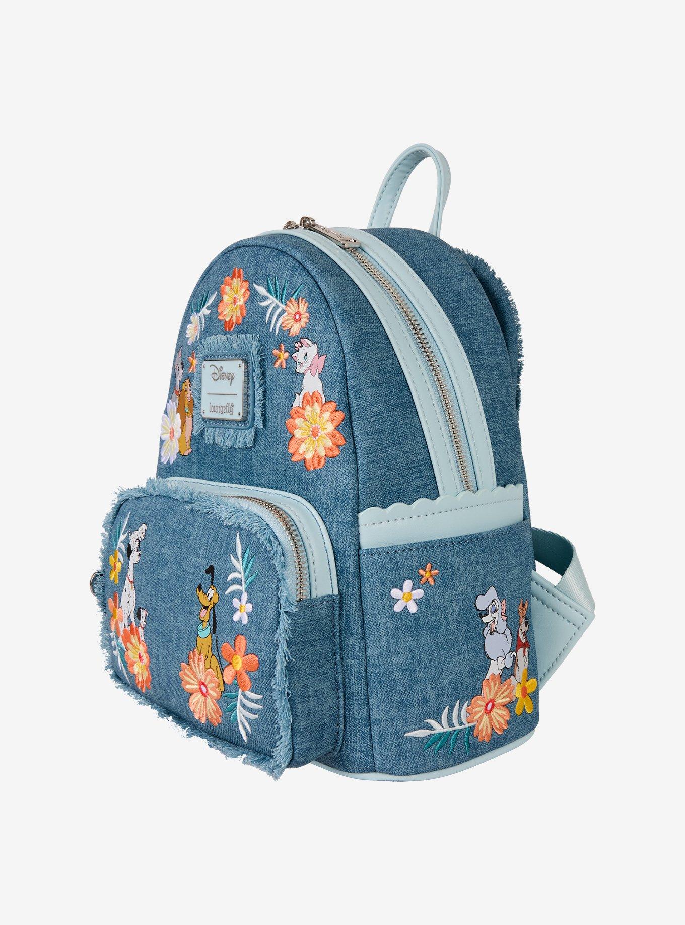 Loungefly Disney Dogs and Cats Floral Denim Fringe Mini Backpack, , alternate