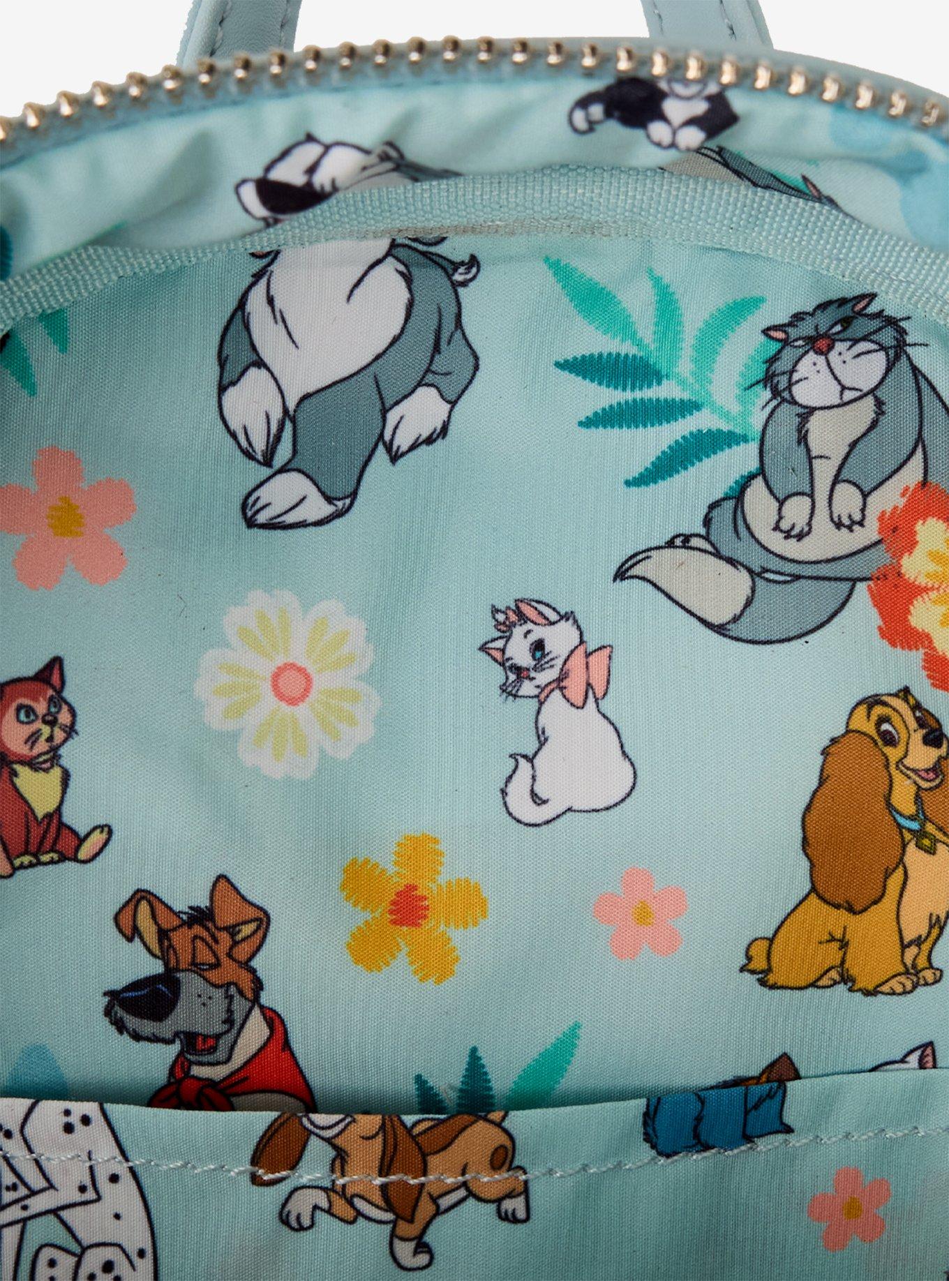 Loungefly Disney Dogs and Cats Floral Denim Fringe Mini Backpack, , alternate