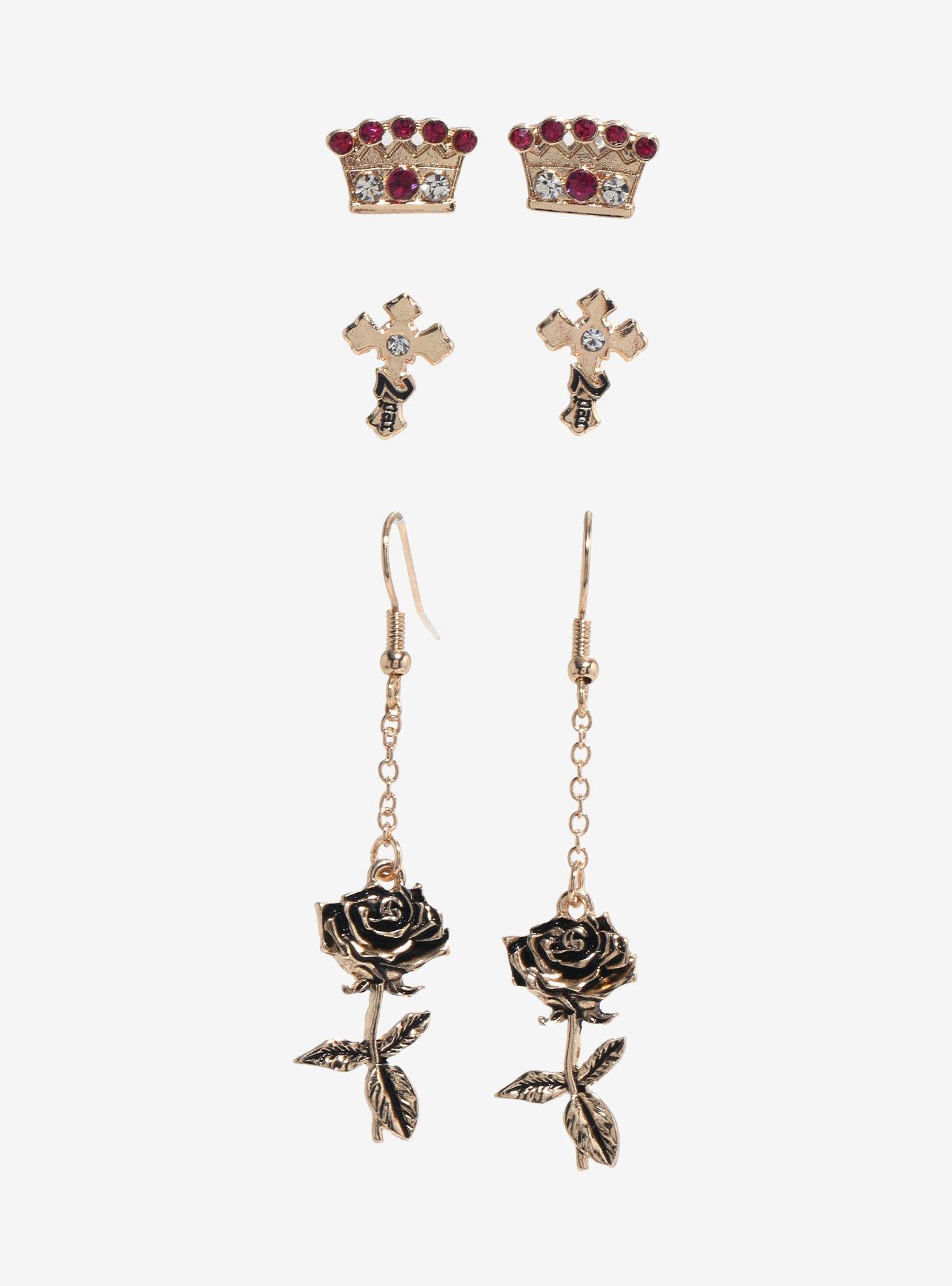 Tupac Crown Cross Rose Earring Set, , hi-res