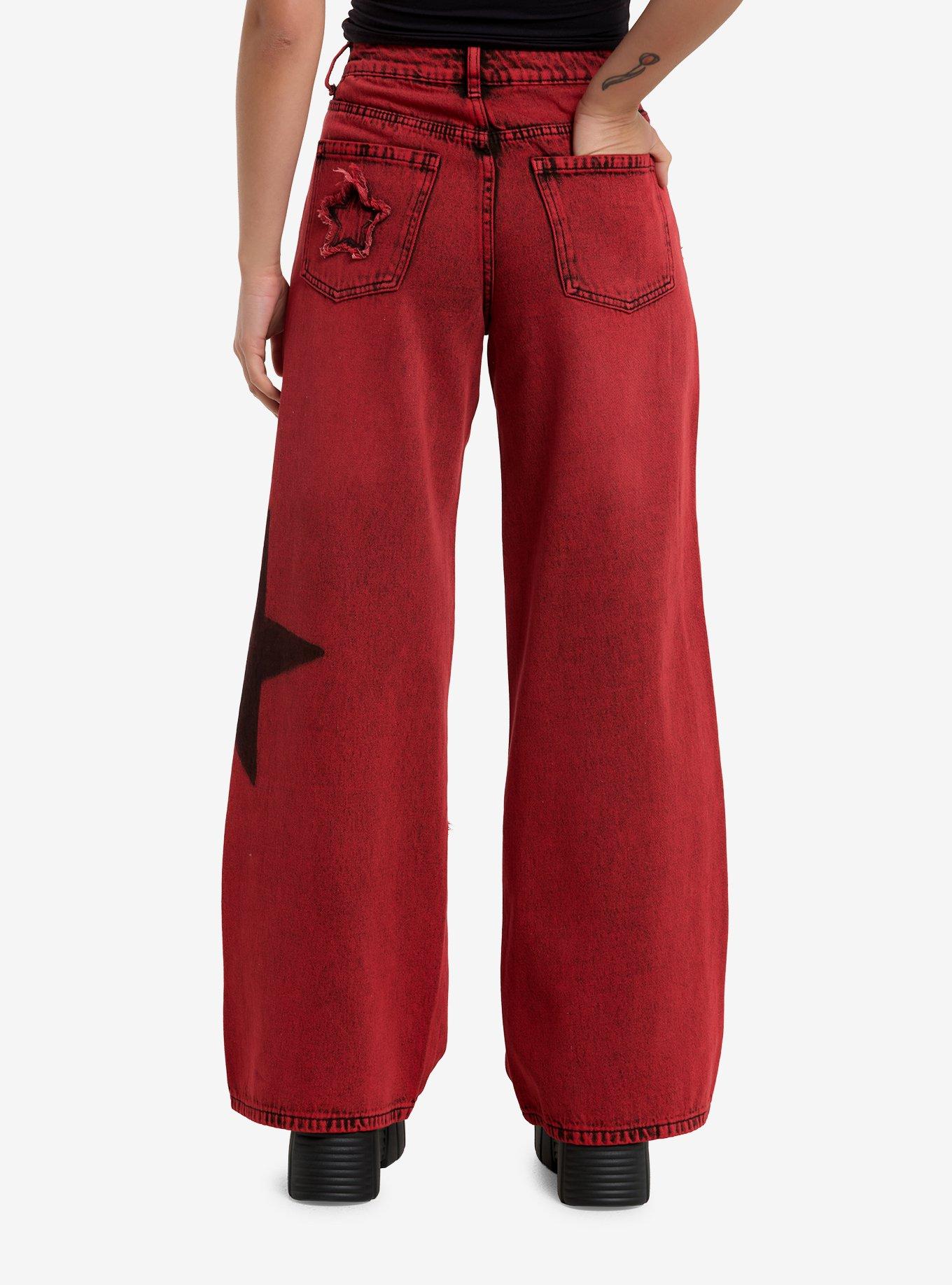 Red Wash Frayed Star Wide Leg Denim Pants, , hi-res