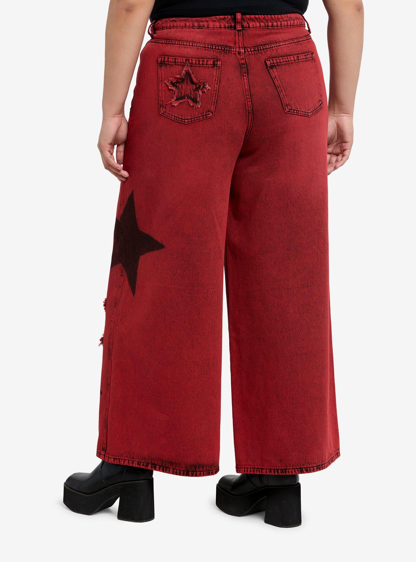 Red Wash Frayed Star Wide Leg Denim Pants Plus Size, , hi-res