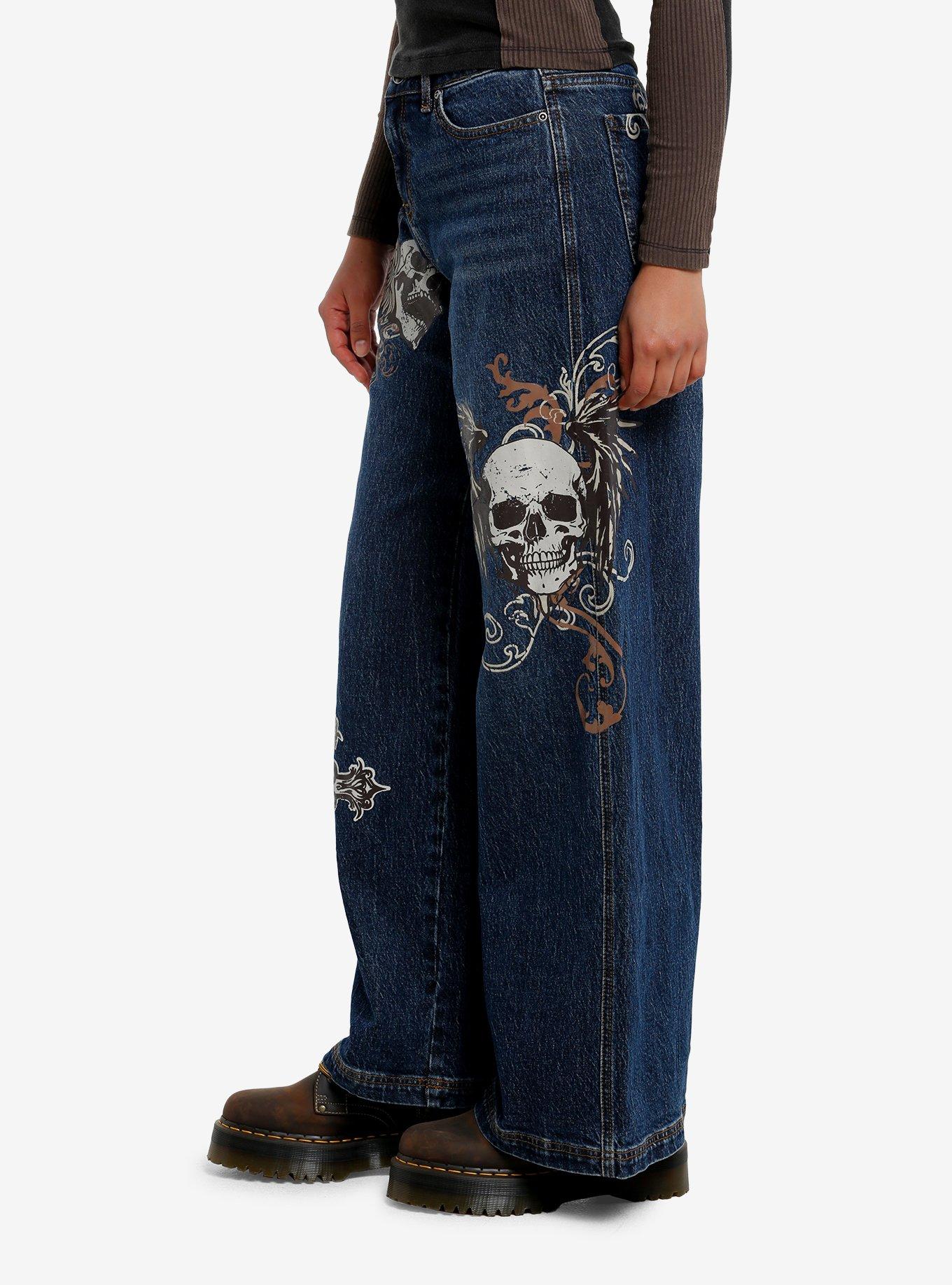 Winged Skull Dark Y2K Wide Leg Jeans, DARK WASH, alternate