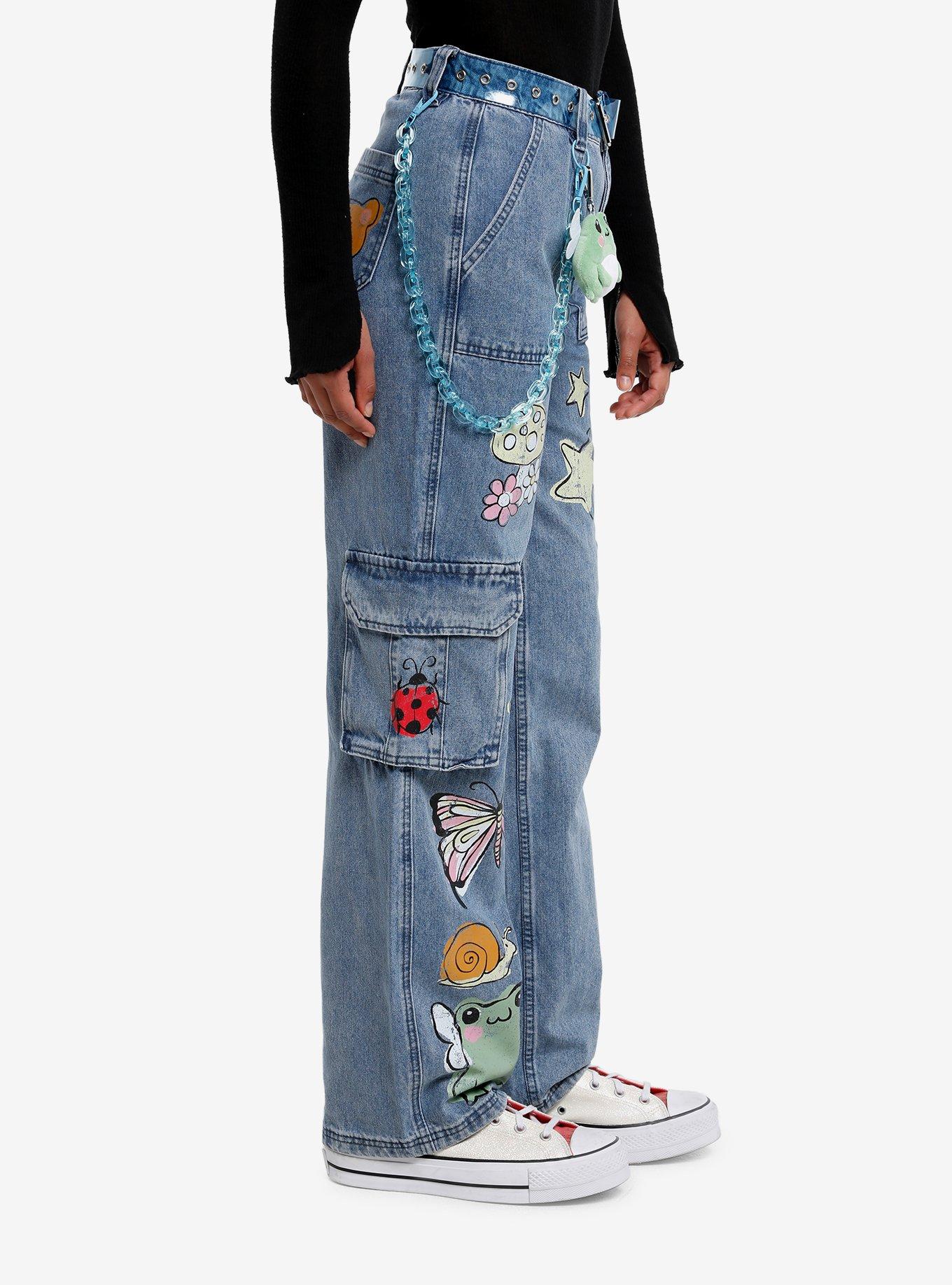 Light Wash Cute Critter Wide Leg Denim Pants With Belt, LIGHT WASH, alternate