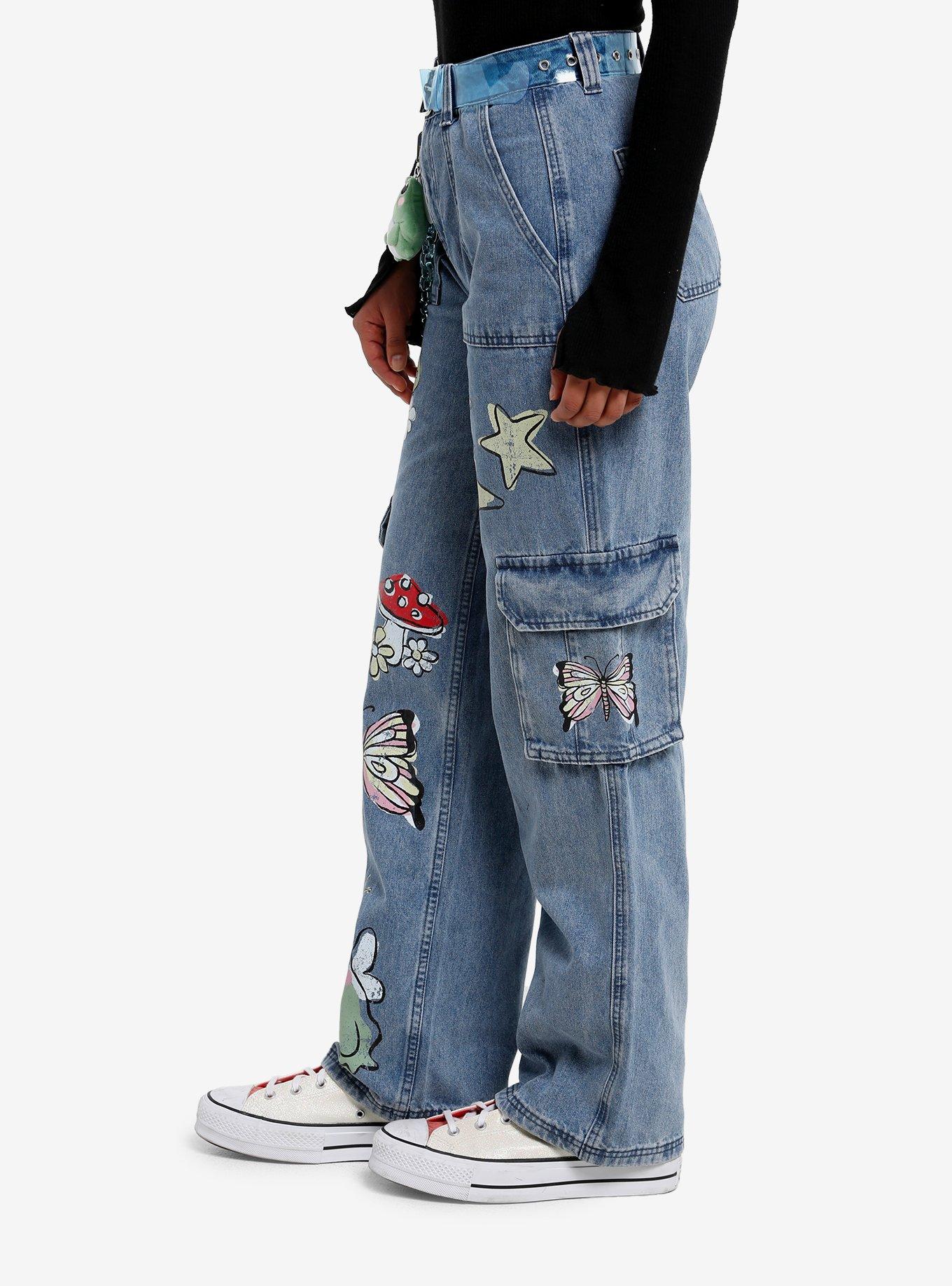 Light Wash Cute Critter Wide Leg Denim Pants With Belt, LIGHT WASH, alternate