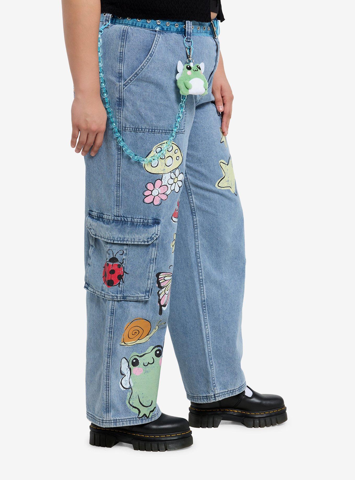 Light Wash Cute Critter Wide Leg Denim Pants With Belt Plus Size, LIGHT WASH, alternate