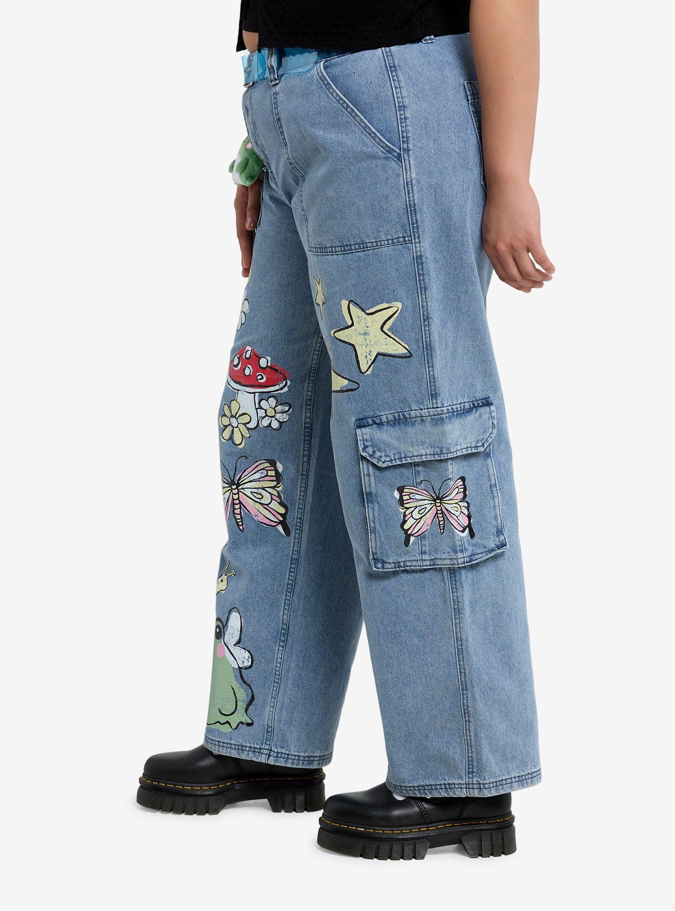 Light Wash Cute Critter Wide Leg Denim Pants With Belt Plus Size, LIGHT WASH, alternate