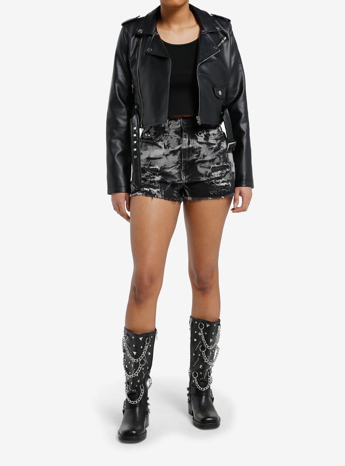 Black Acid Wash Studded Denim Shorts