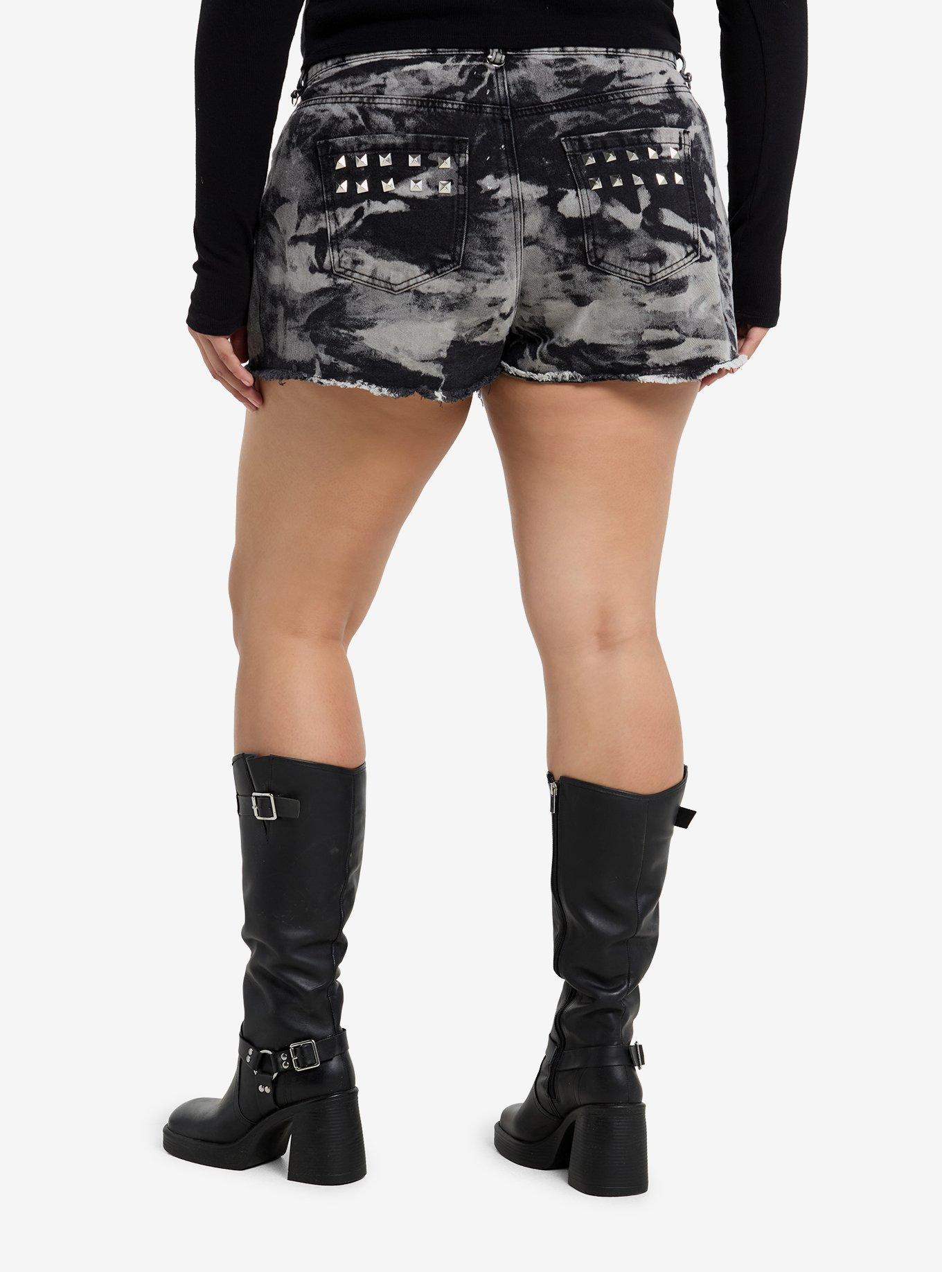 Black Acid Wash Studded Denim Shorts Plus Size, , hi-res