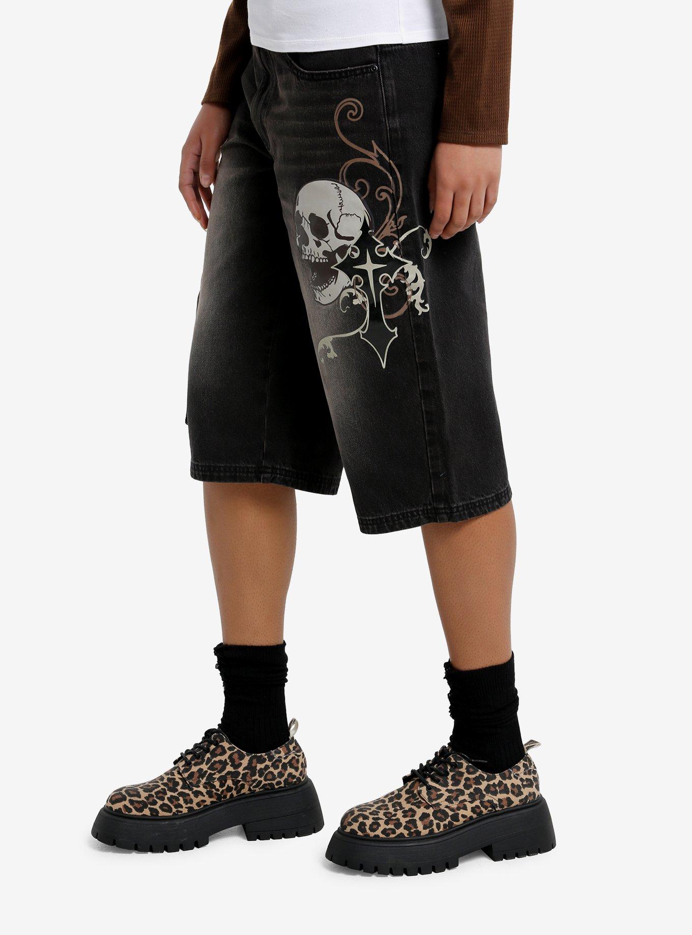 Vintage Wash Skull & Cross Denim Long Shorts, DARK WASH, alternate