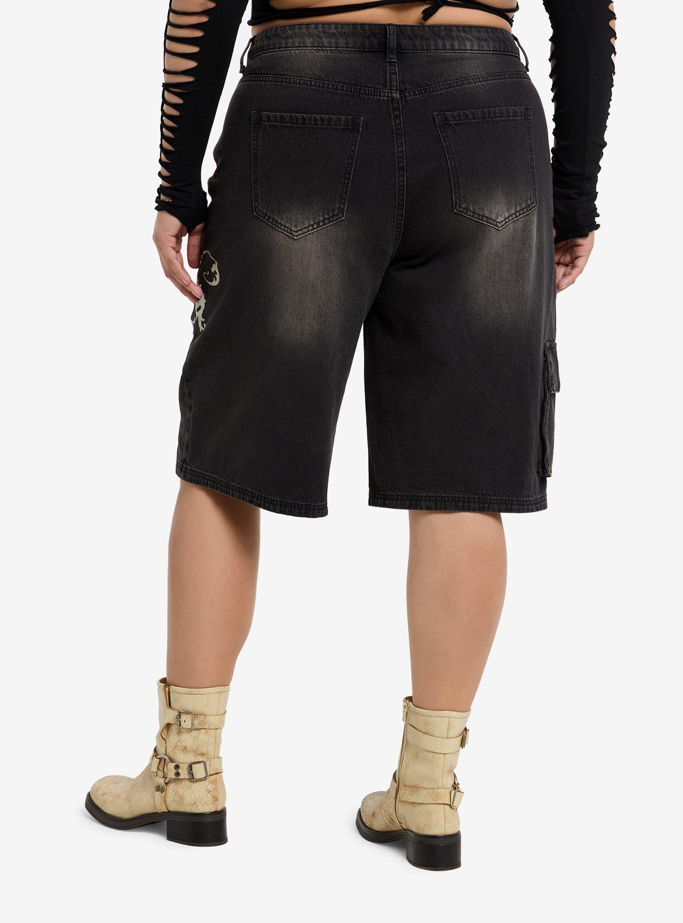 Vintage Wash Skull & Cross Denim Long Shorts Plus Size, DARK WASH, alternate