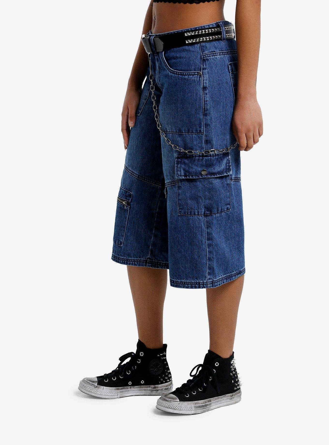 Indigo Studded Belt & Chain Denim Long Shorts, DARK WASH, alternate