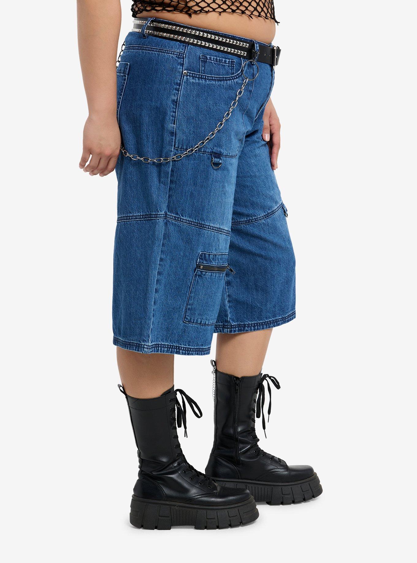 Indigo Studded Belt & Chain Denim Long Shorts Plus Size, DARK WASH, alternate