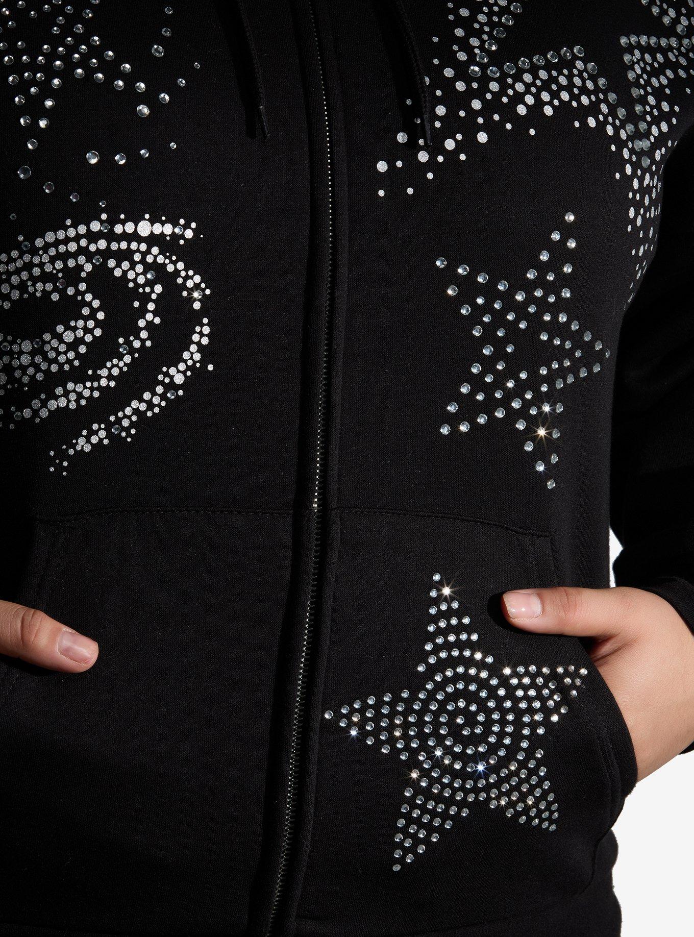 Cosmic Aura Rhinestone Star & Galaxy Girls Hoodie Plus Size, BLACK, alternate