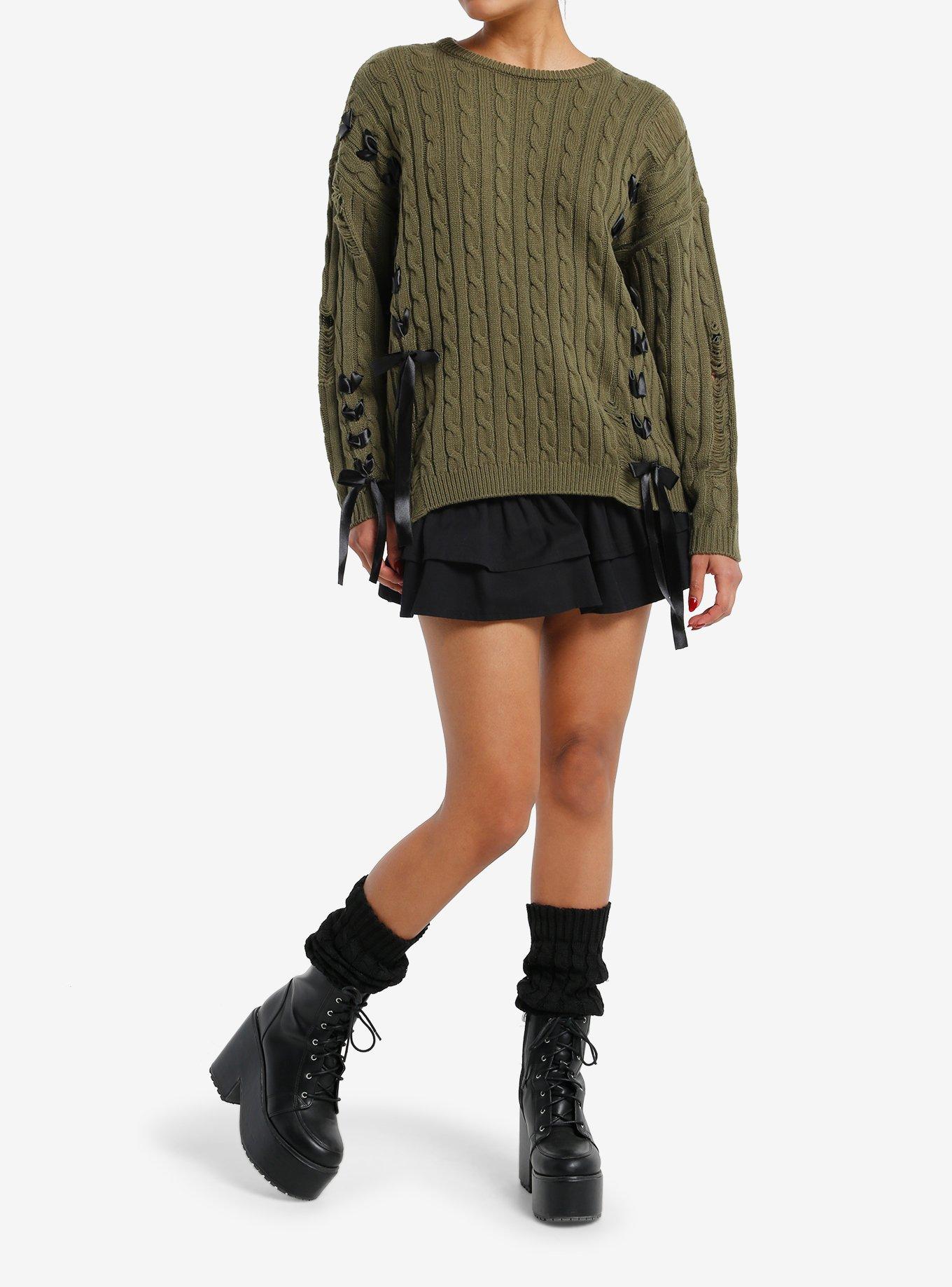 Olive Green Black Ribbon Lace-Up Girls Sweater, , hi-res