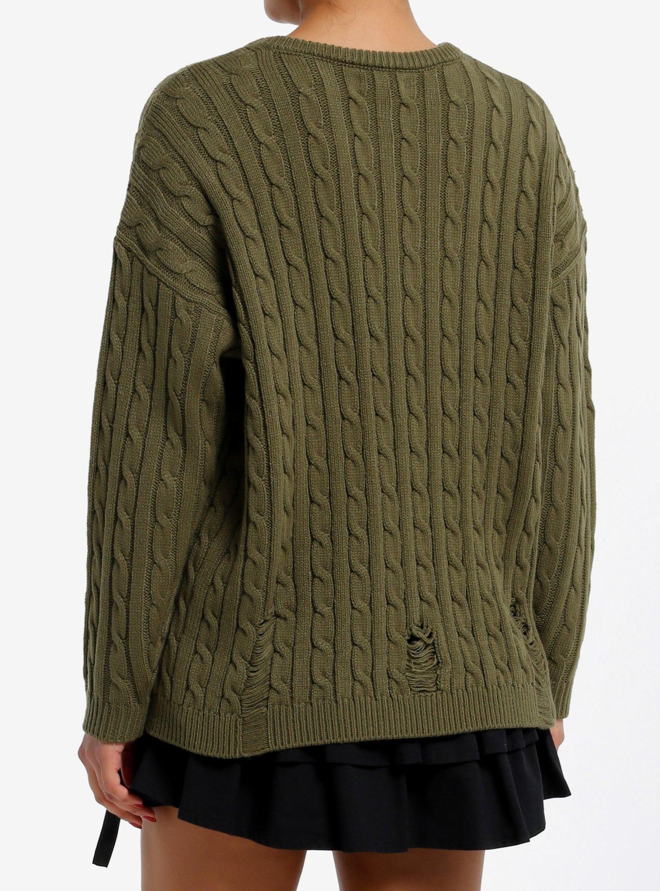 Olive Green Black Ribbon Lace-Up Girls Sweater, GREEN, alternate