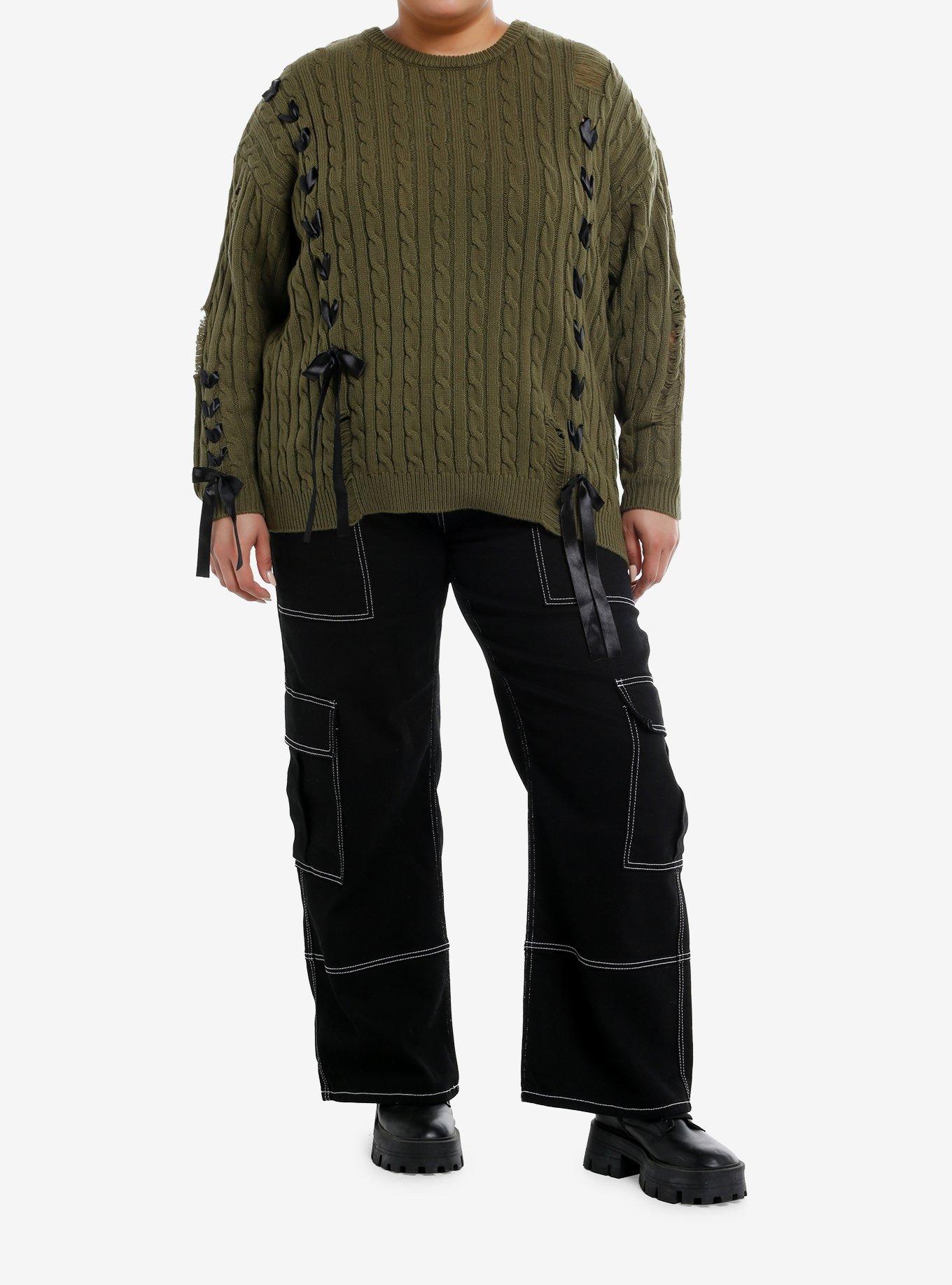 Olive Green Black Ribbon Lace-Up Girls Sweater Plus Size, , hi-res