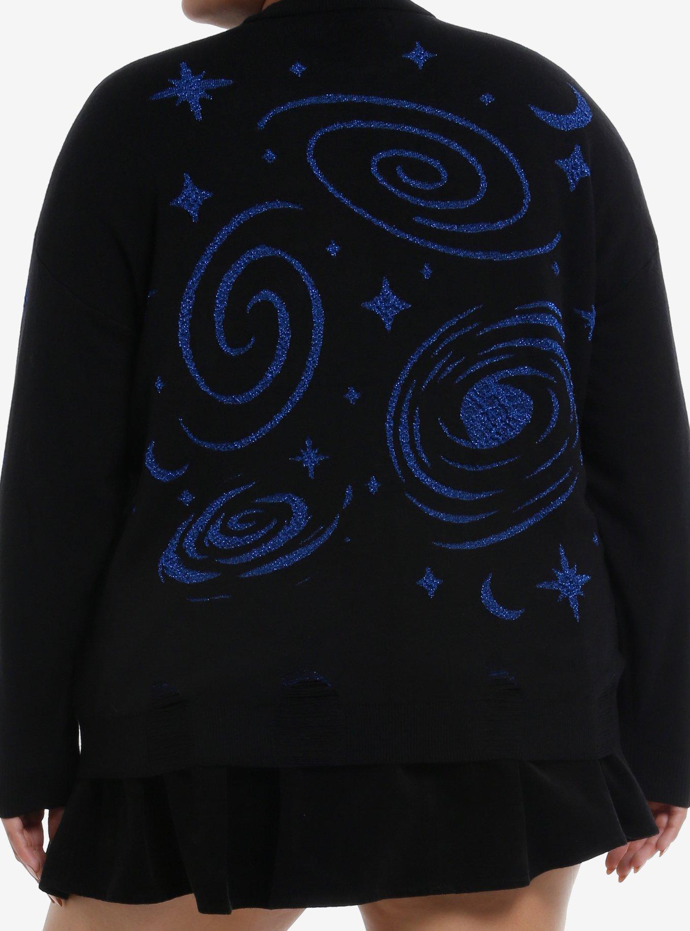 Cosmic Aura Black & Blue Lurex Distressed Girls Sweater Plus Size, BLUE, alternate