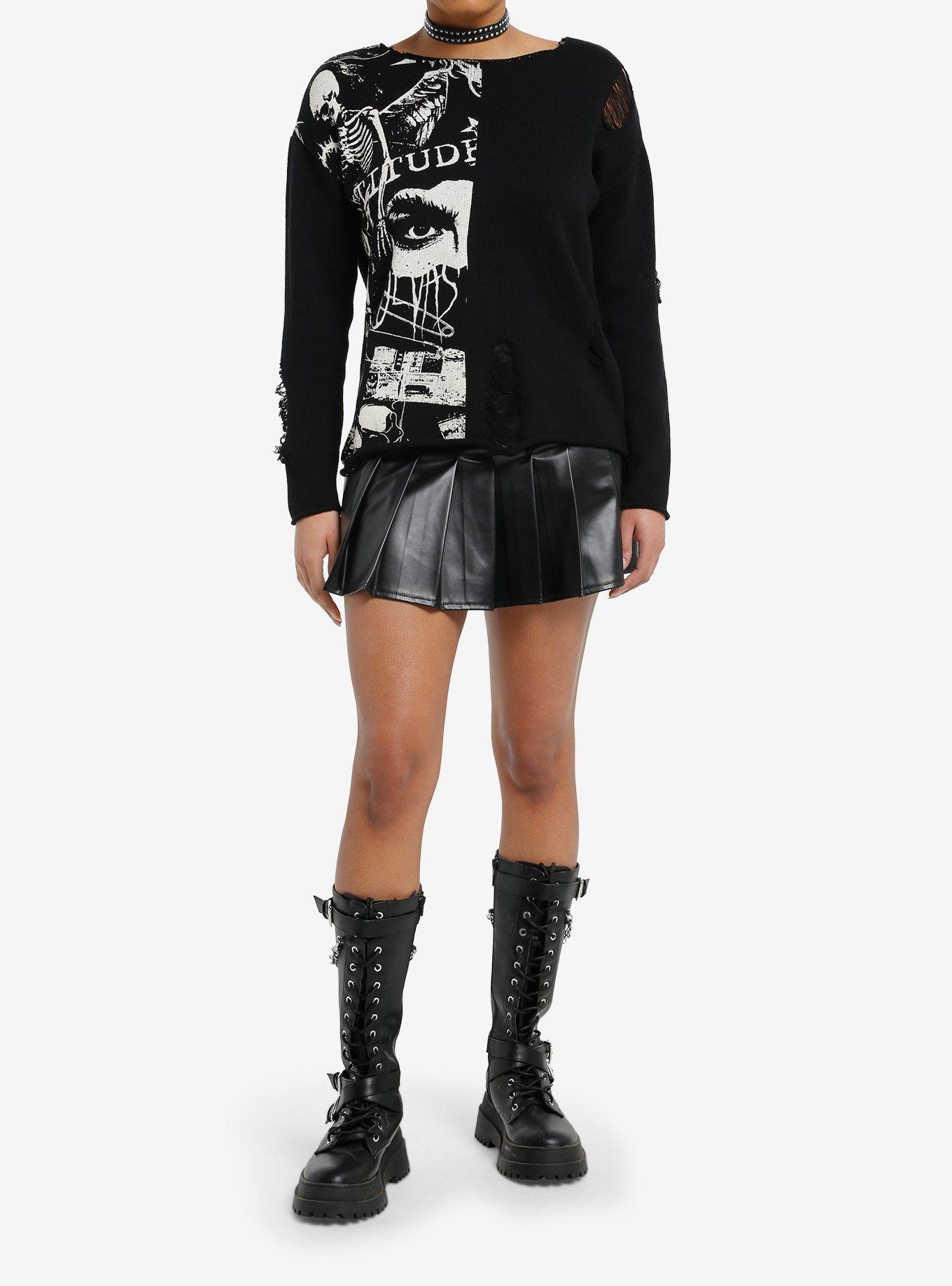 Punk Skeleton Face Split Destructed Girls Sweater, , hi-res