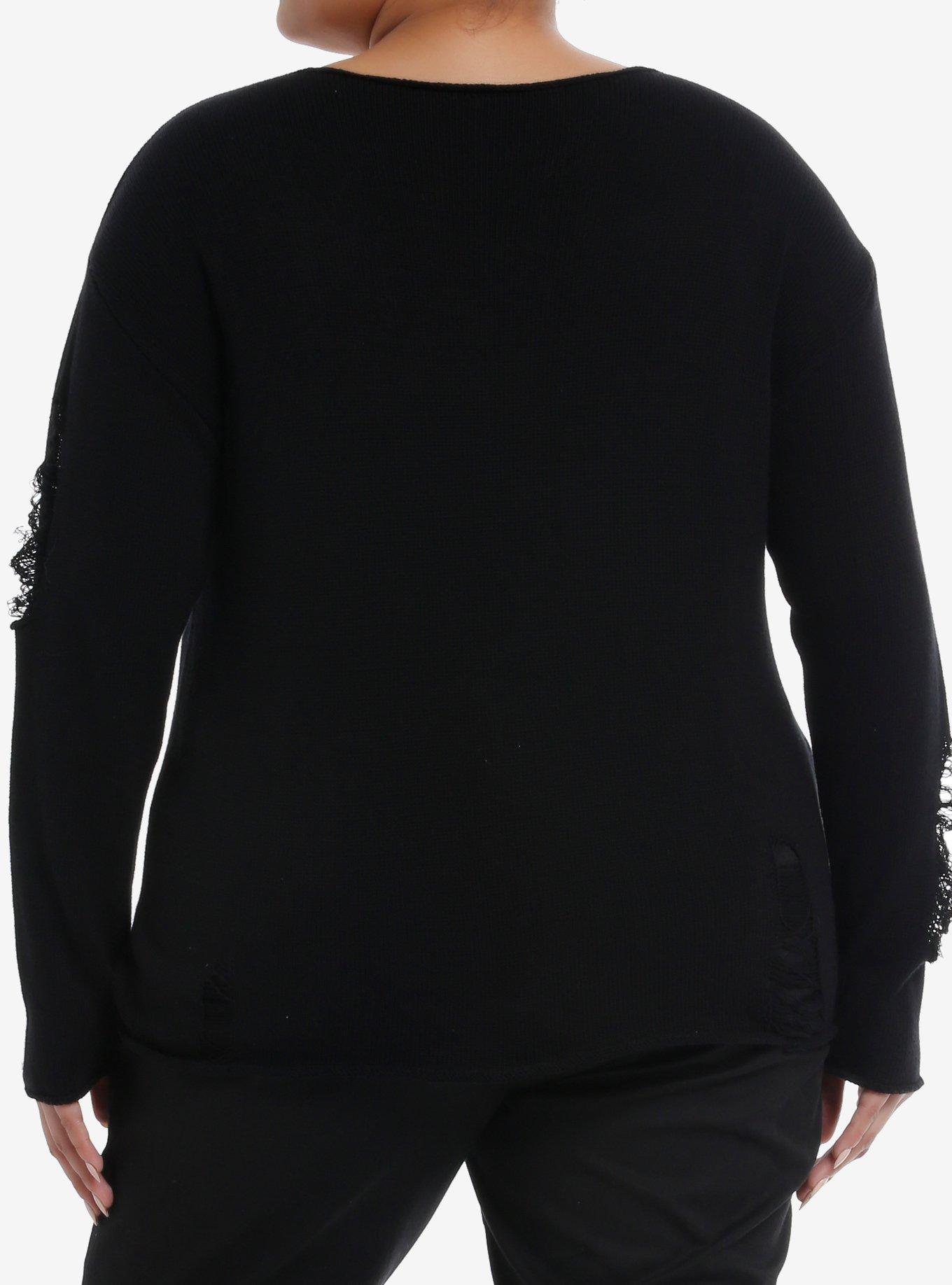 Punk Skeleton Face Split Destructed Girls Sweater Plus Size, , alternate