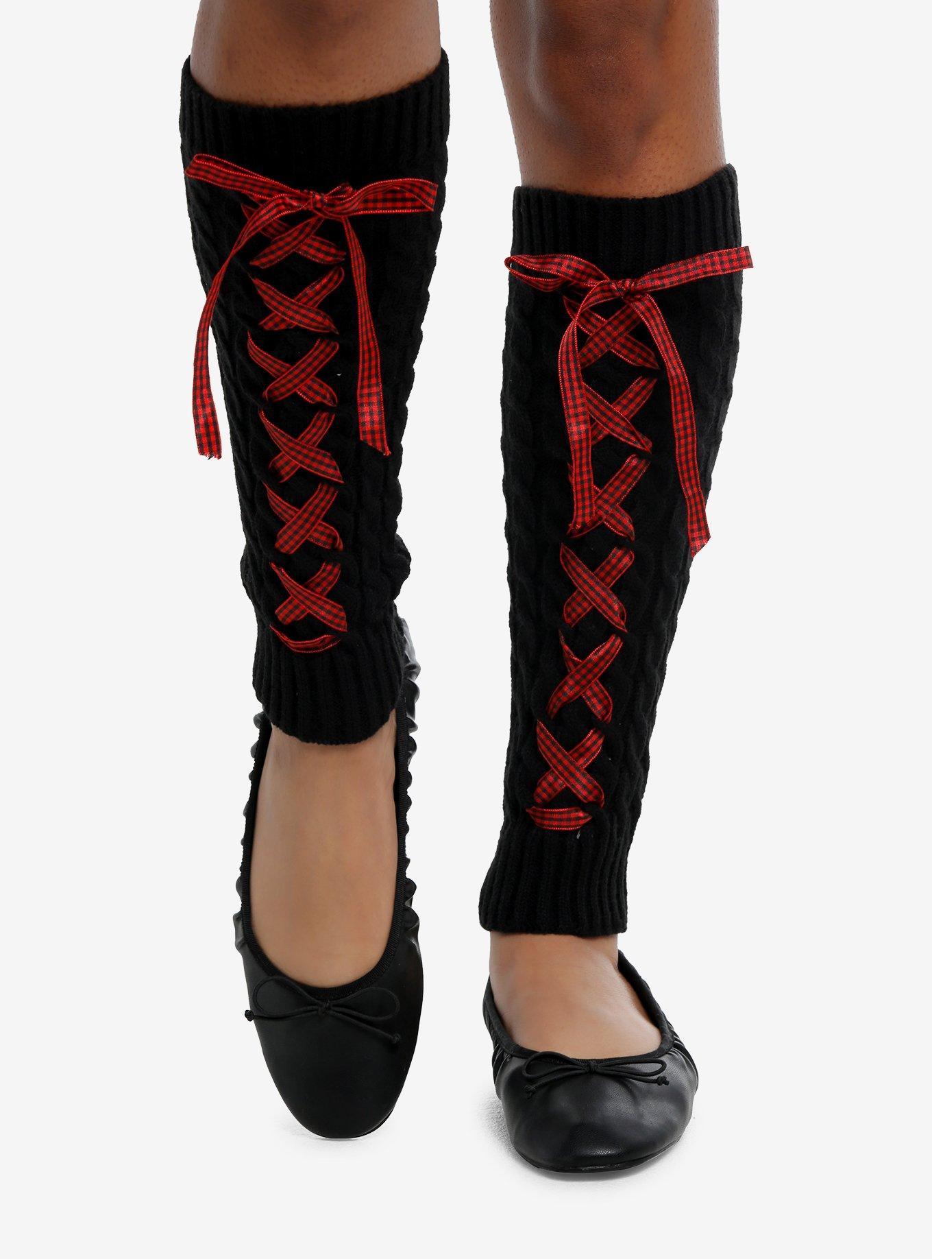 Black & Red Gingham Lace-Up Leg Warmers, , hi-res