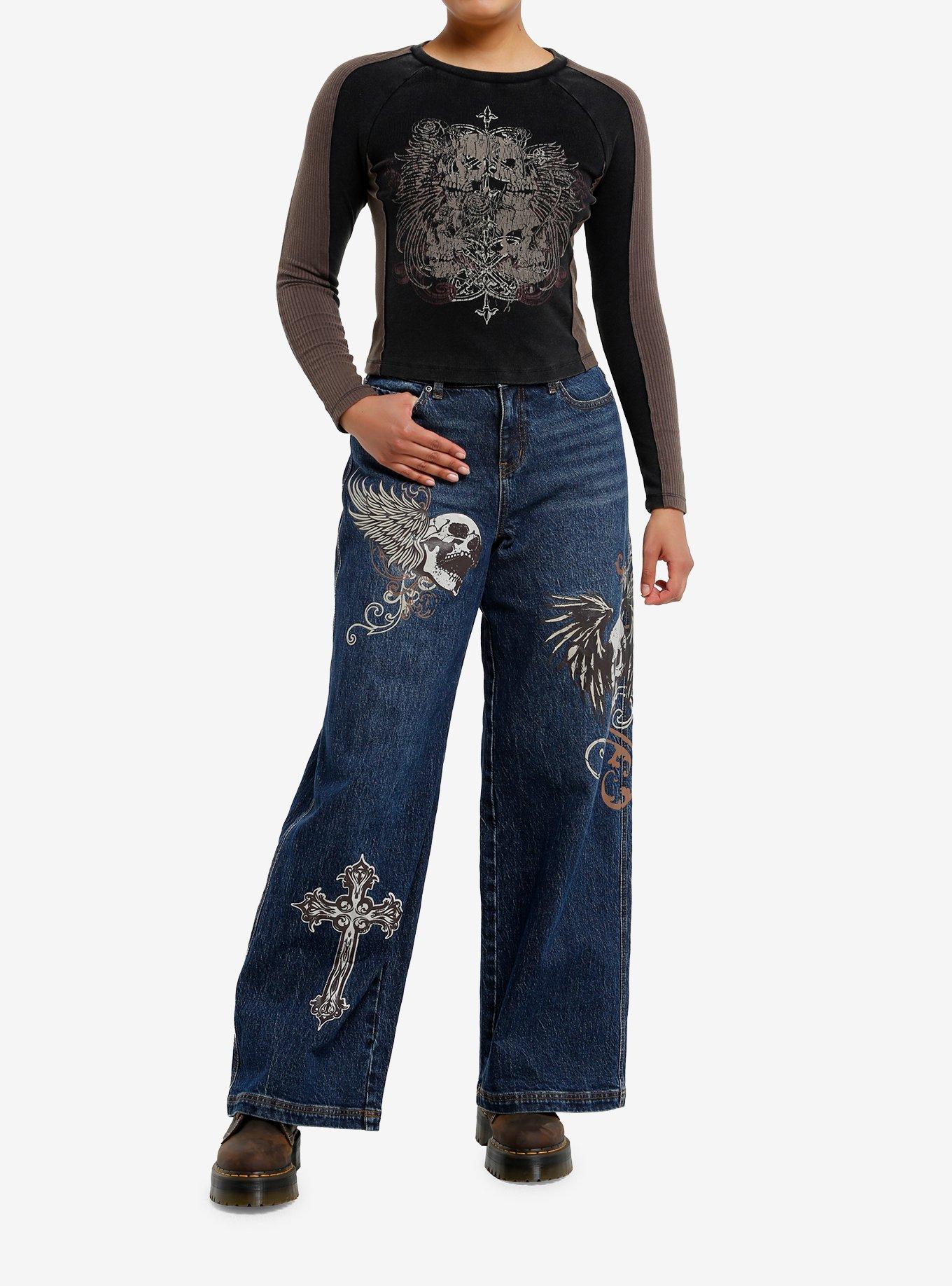 Social Collision Grey Skull Winged Distressed Girls Long-Sleeve Top, , hi-res