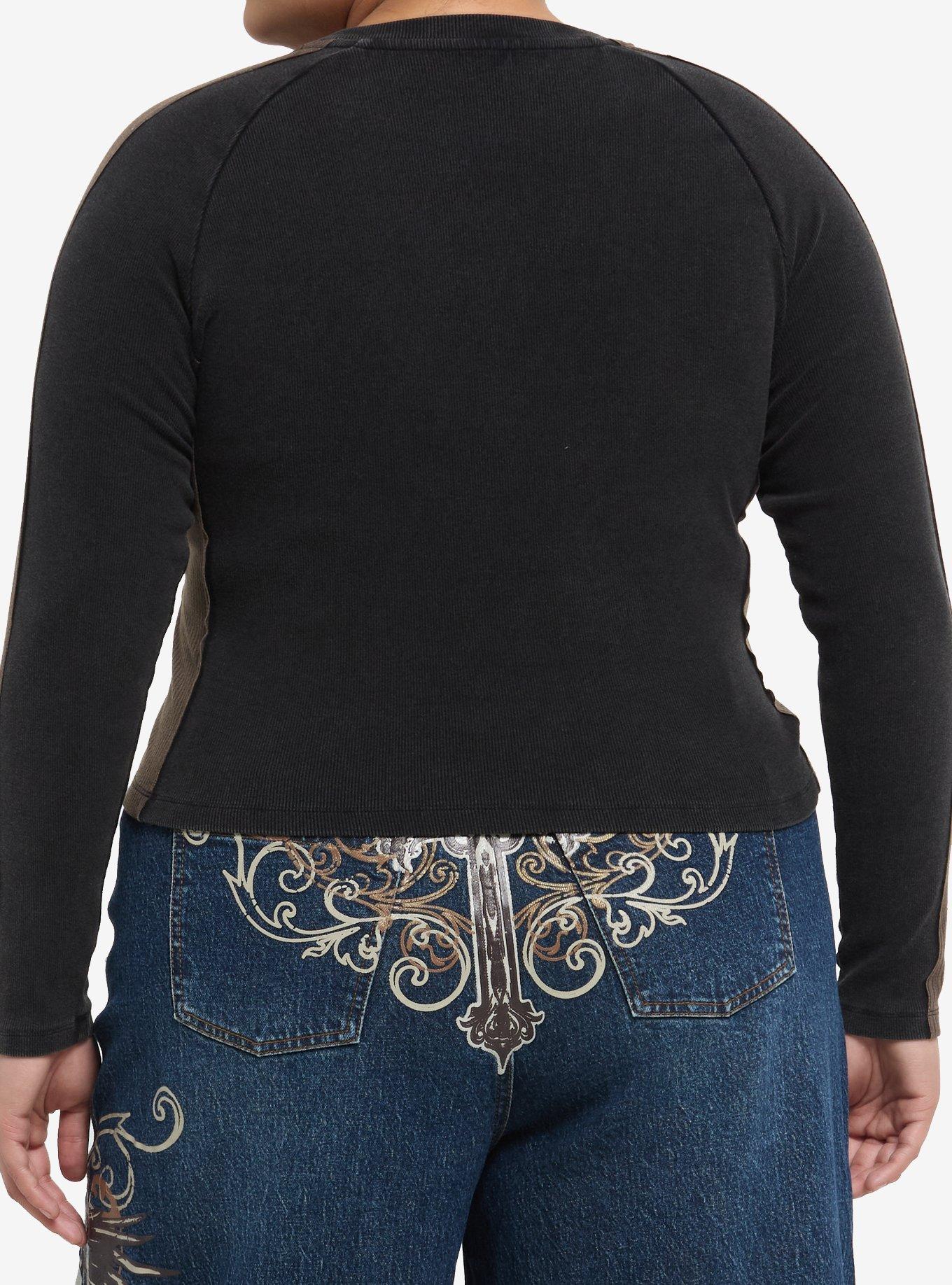 Grey Skull Winged Distressed Girls Raglan Long-Sleeve Top Plus Size, GREY, alternate