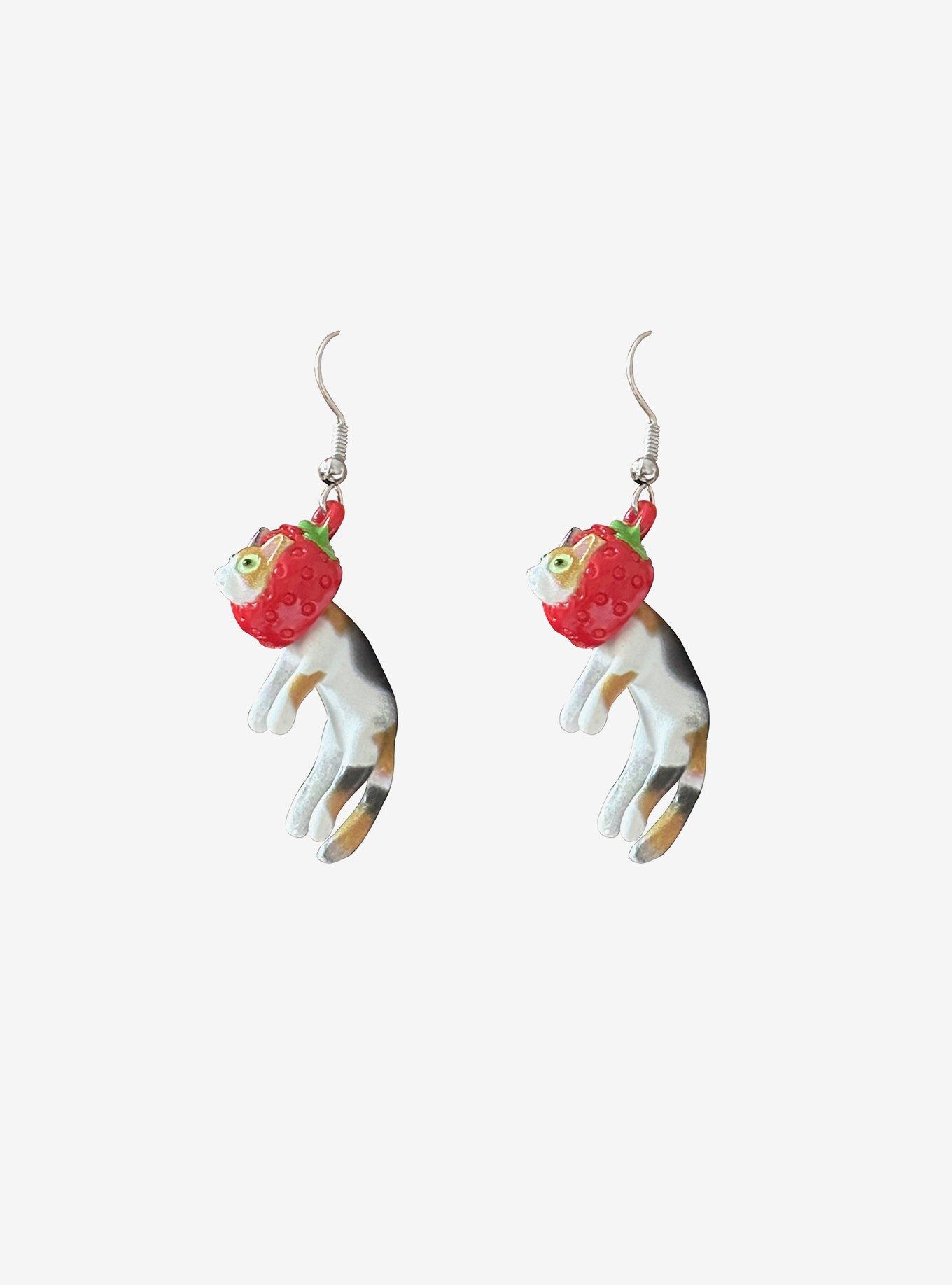 Sweet Society Strawberry Head Cat Earrings, , hi-res