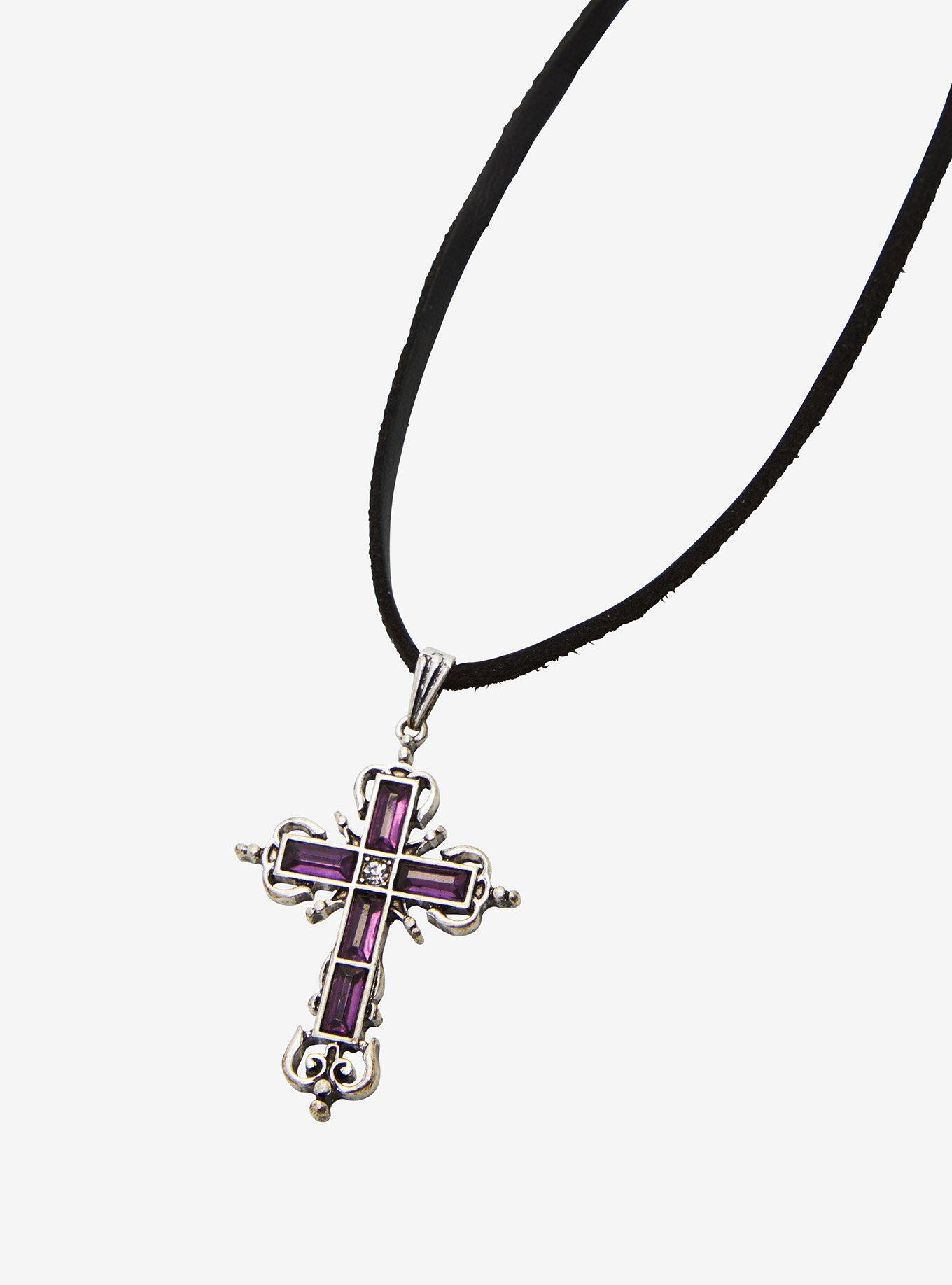 Cosmic Aura Purple Gem Cross Pendant Necklace, , alternate