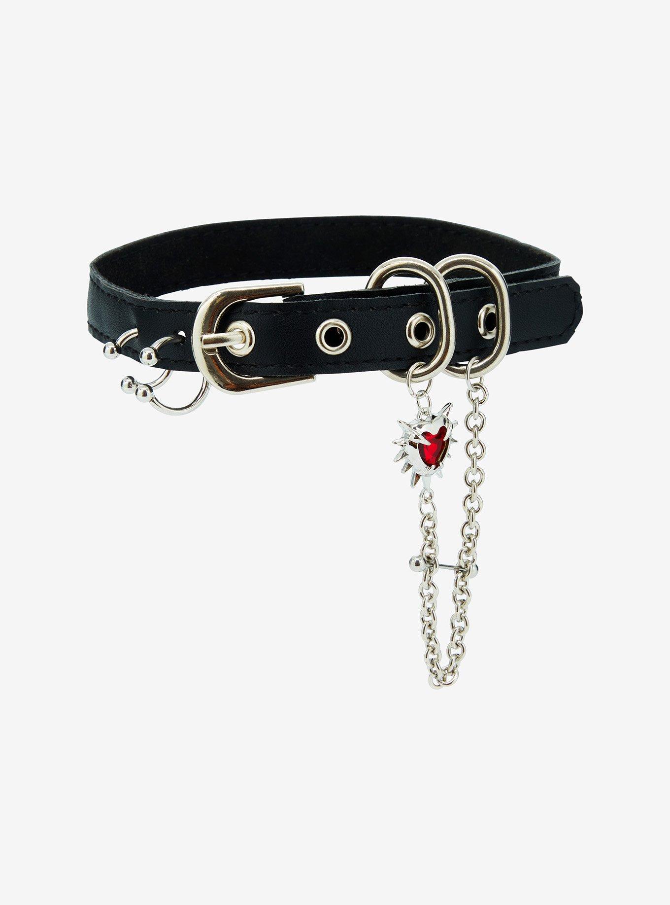Faux Leather Spike Heart Pierced Choker, , hi-res