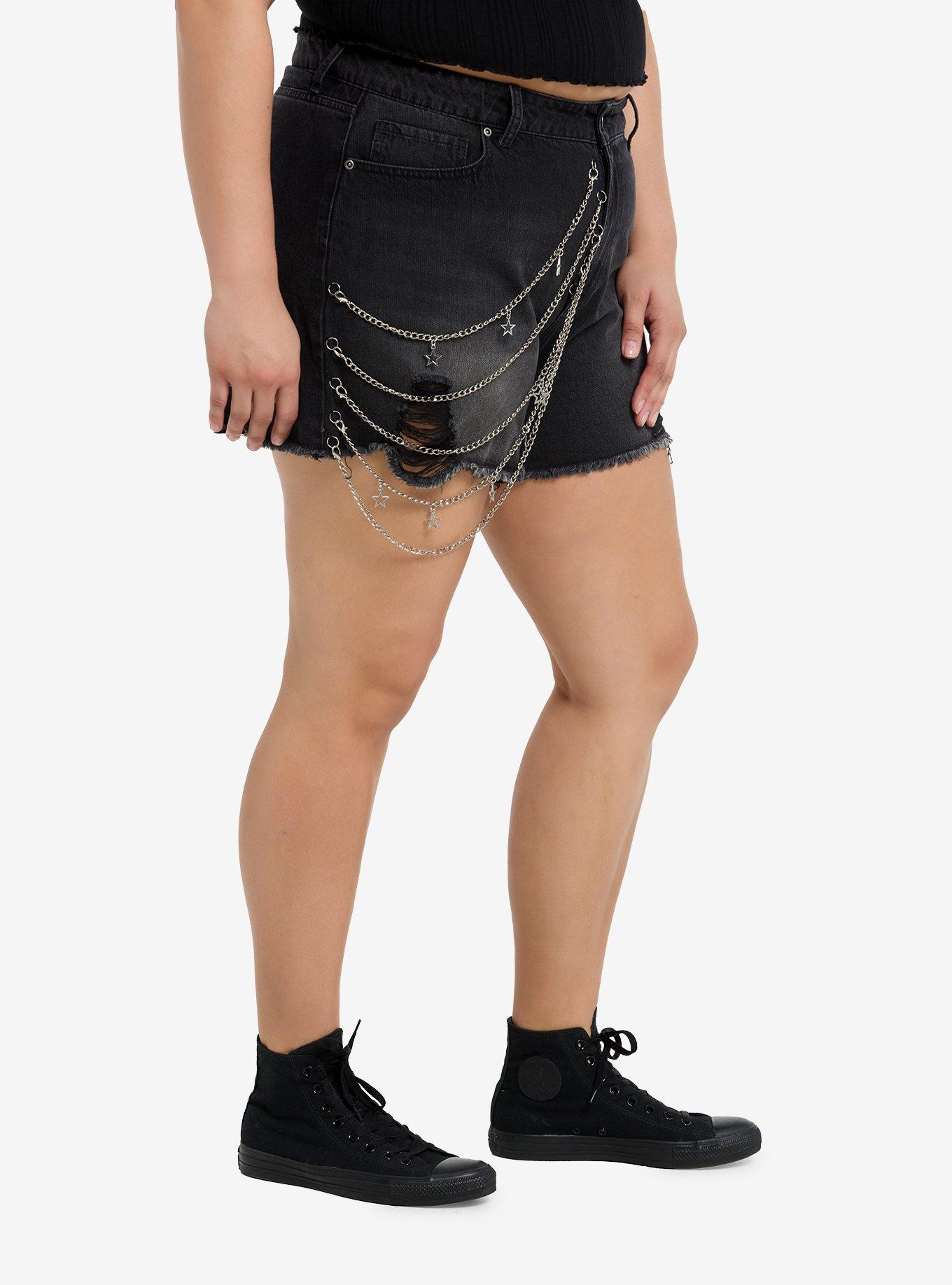 Black Star Chains Denim Shorts Plus Size, BLACK, alternate