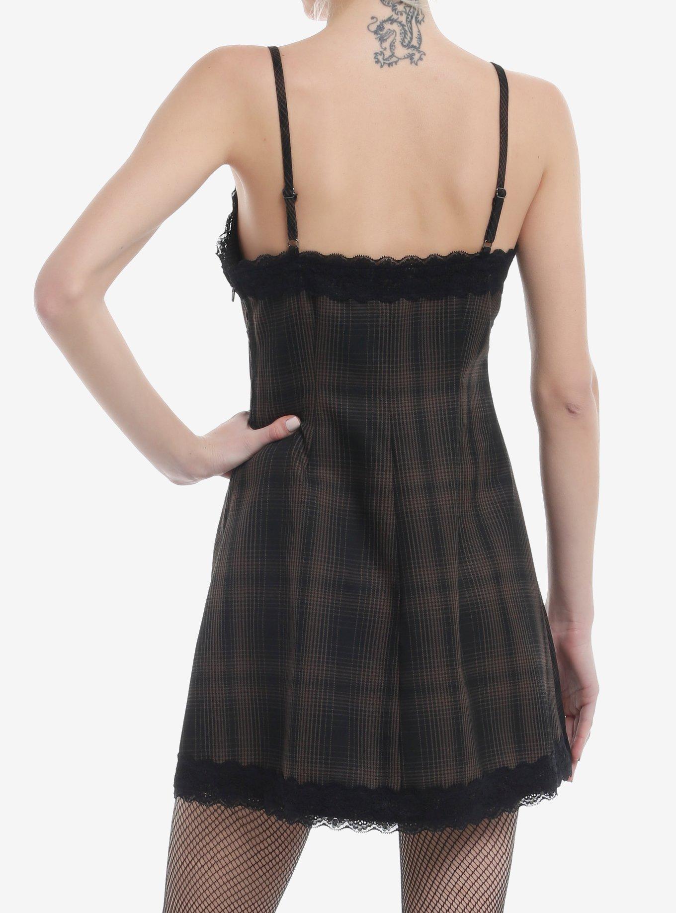 Brown Plaid Lace Slit Slip Dress, BLACK, alternate