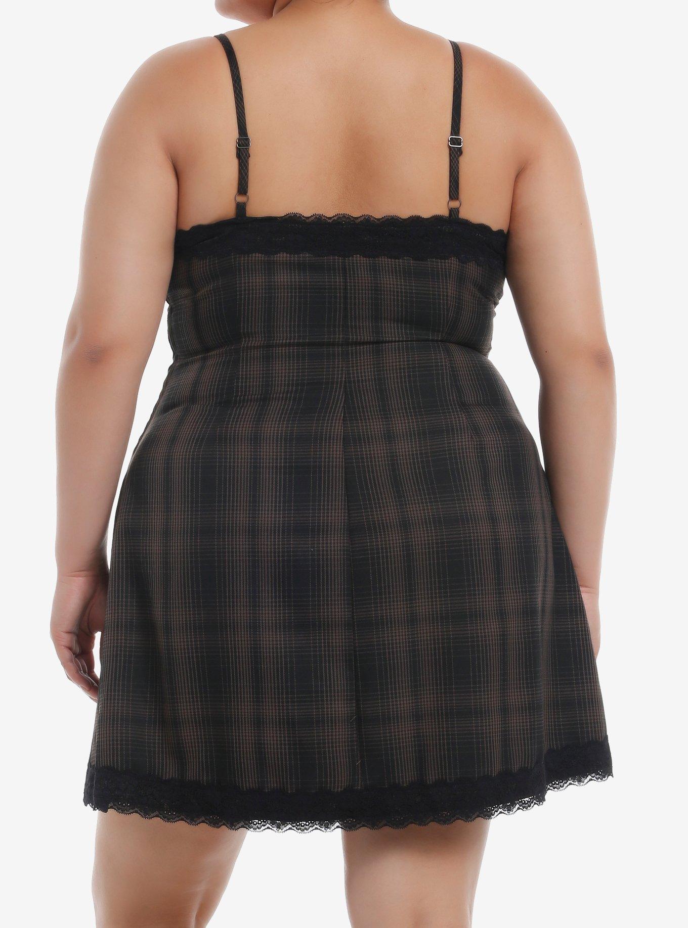 Brown Plaid Lace Slit Slip Dress, BLACK, alternate