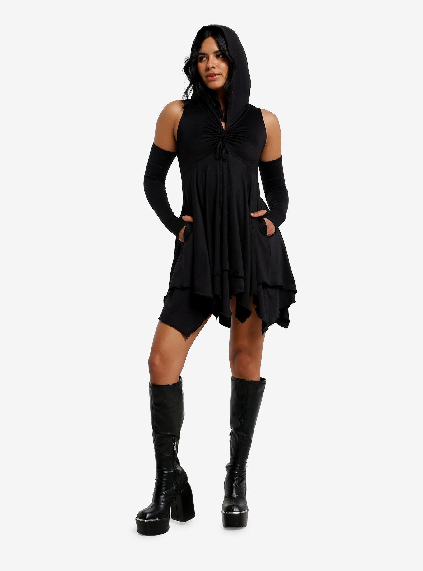 Cosmic Aura Black Hanky Hem Cold Shoulder Hooded Dress, , hi-res